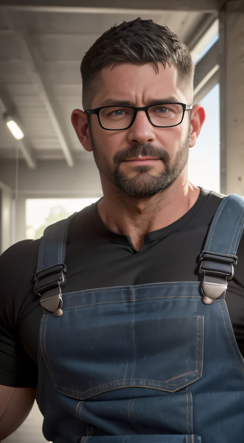 An award-winning original photo，A wild muscular man, (40 years old daddy:1.1), 1boy, Solo, (blue overalls), (black T-shirt), (tool belt), black with white hair, (big shoulders), musculature, stubbles, Short beard, Beautiful eyes:1.3, ), (Detailed face:1.3), wearing glasses, smiles, Dynamic Angle, volumetric lighting, (Best quality, A high resolution, Photorealistic), Cinematic lighting, Masterpiece, RAW photo, Intricate details, hdr, depth of field