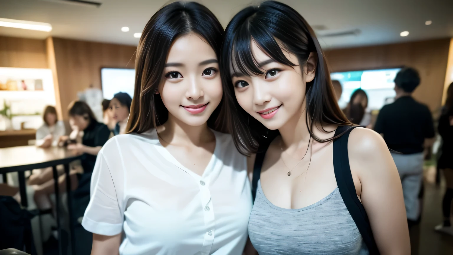 highest quality, table top, ultra high resolution, (Photoreal: 1.4), Front view, Half body, famous japanese actress, revealing clothing, very beautiful woman, cute, Cinematic 35mm lens, f/1 .8, Beautiful double eyes with equal left and right sides, 上Half bodyショット,severe idol otaku,following the crowd,smile