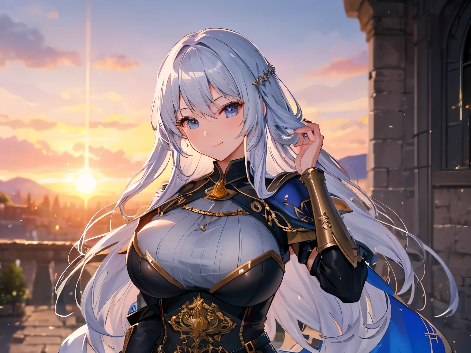 (a)Perfect landscape,Io scenery,secret garden,sunrise,sci-fi,HDR:1.2,DOF:1.1,torch lighting,an intricate and sprawling castle complex at the slopes of mountains across a valley,ultra-detailed,professional,vivid colors,bokeh,portraits,landscape,horror,anime,sci-fi,photography,concept artists,HDR,DOF,torch lighting, Portrait of a smiling, the most beautiful in the world, (medieval armor), metal reflections, upper body, outdoors, intense sunlight, Distant castle, professional photography of a stunning detailed woman, sharp focus, Dramatic, Award-winning, Cinematic lighting, , DTX volumetrics, (filmic grain, blurry background, blurry foreground, Bokeh, depth of field, Sunset, motion blur:1.3), chain mail, huge breasts