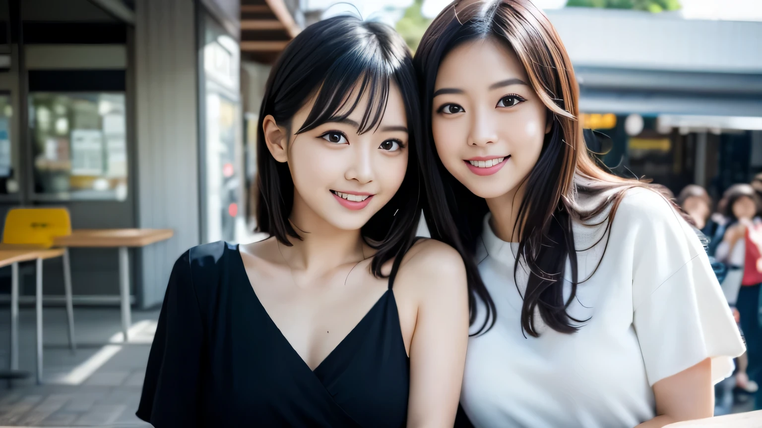 highest quality, table top, ultra high resolution, (Photoreal: 1.4), Front view, Half body, famous japanese actress, revealing clothing, very beautiful woman, cute, Cinematic 35mm lens, f/1 .8, Beautiful double eyes with equal left and right sides, 上Half bodyショット,severe idol otaku,following the crowd,smile