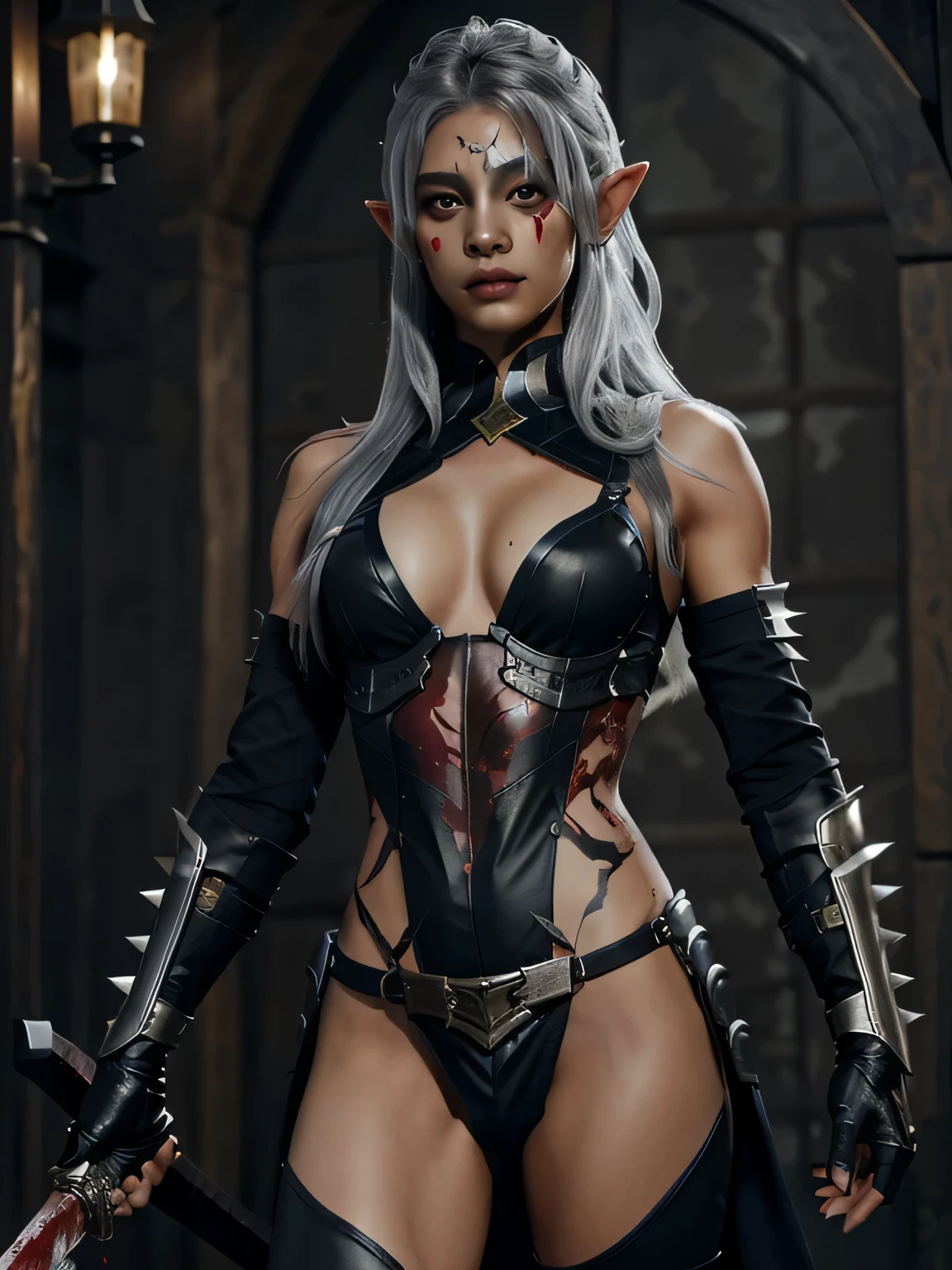 16 year old witch elf with small daggers in the hands covered in blood, gorgeous slim athletic model, perfect model face, slim lips, mouth open, perfect eyes, slim nose, small waist, slim athletic thighs and legs, very slim model, tiny athletic breasts, dark elf costume, warrior pose, red outfit with black trimming, silver armor, spikes on armor, Asian young girl, predatory eyes, blood stains on body, lots of elf tattoos