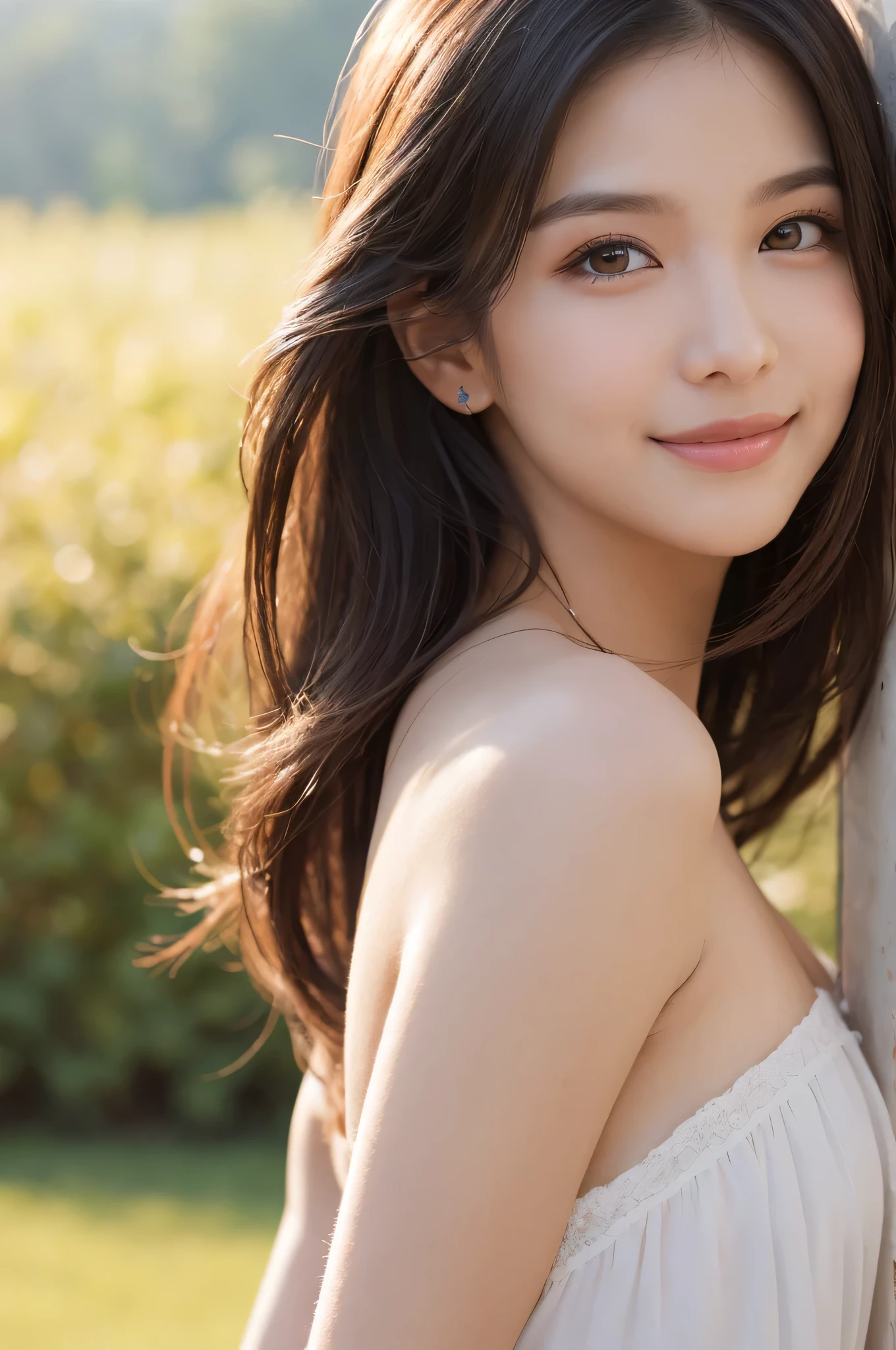 (1 young girl), (highly detailed eyes, highly detailed hair, highly detailed face, Highly detailed plump lips), naked, (off shoulder), chest, Upper body, looking for a smile, (highest quality:1.4), RAW photo, (realistic, photo-realistic:1.37), professional photography, cinematic light, twilight, golden hour, Backlight, Depth of the bounds written