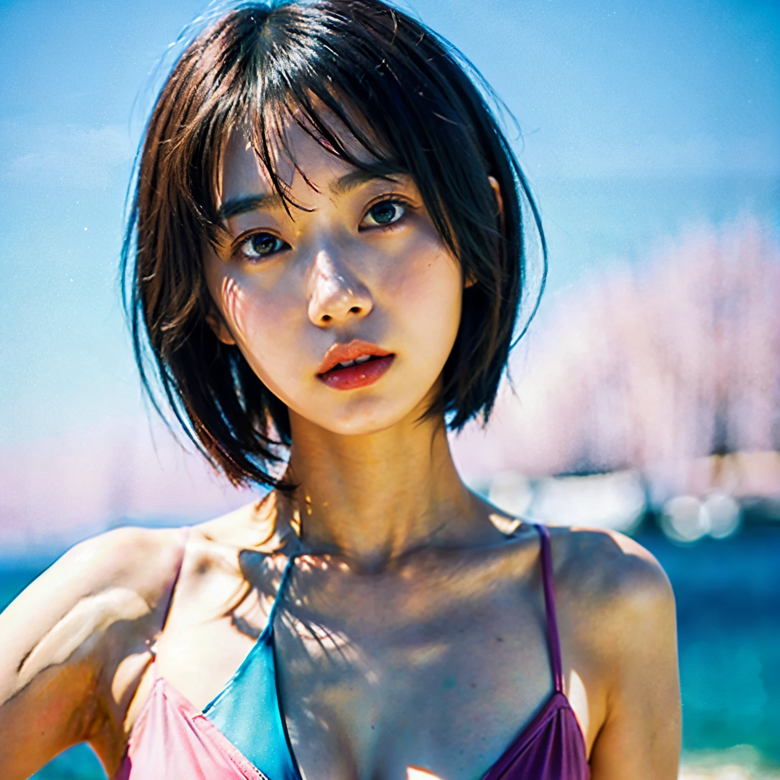 highest quality,masterpiece,One girl on the imaginative Japanese women page,The background is the sea,short hair,Fair skin,Slender,slightly droopy eyes,light pink lips,cel shading,anaglyph effect,ultra high resolution,Highly detailed official Unity 8K wallpaper,ultra high resolution,super high quality,