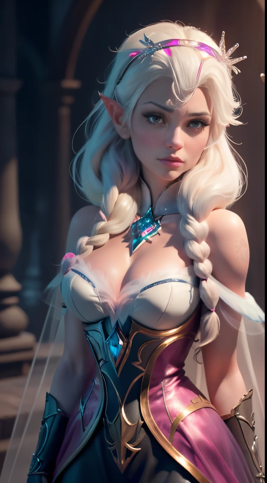 Elfgirl (rose quartz SU-Elsa frozen Disney mezclando modelos .) (ultra FUSIÓN de cabello blanco y rosado) Highly detailed CG unity 8k wallpaper, style shot, complex, high detail, dramatic, highest quality movie still image, very detailed, masterpiece, best quality, character design, Elsa, Elsa from Frozen,Diamante Rosado fusión (( Dark style)), realistic ultra-detailed rendering style, natural light, sharp character design, (hard focus, 8k), (((natural skin texture))), 8k textures, soft cinematic lighting, adobe lightroom, dark room, hdr, Sophisticated, Elegant, Rich Detail, Sharp Focuilm Look) )), Soothing Tones, Detail Frenzy, Intricate Detail, Super Detail, Low Contrast, Soft Film Lighting, Dull Colors, Exposure Blending, HDR, Fade, 35mm, f/1.4, ISO64, f16, 25 sec.