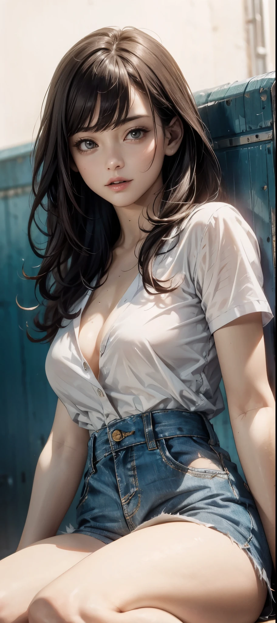 girl in summer clothes, white blouse, light blue shorts, pantyhose or long stockings, making like she wants to kiss you, view from viewer, medium breasts, cleavage, random backgroud, flirtatious look, ((very detailed)), (perfectly detailed face), (well detailed hand) photorealistic image.