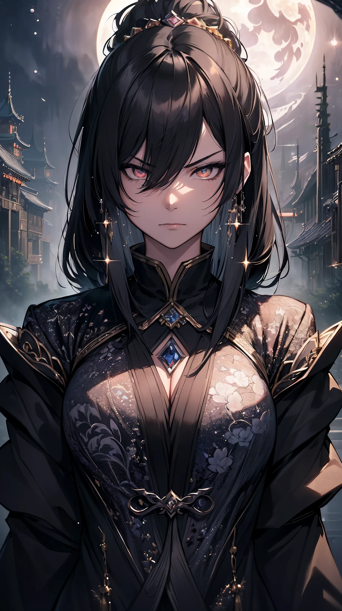 (extremely detailed 8K wallpaper),(ultra-detailed),(best quality),(masterpiece),(highly detailed),(cinematic lighting),(Original),Cold ligh，moody,((headshot)),(Chinese elaborate-style painting),1girl,solo,black hair，black robe,plain clothing and decoration，(((Eyes sparkling in the moonlight))),((villain image)),(((arrogant expression)))