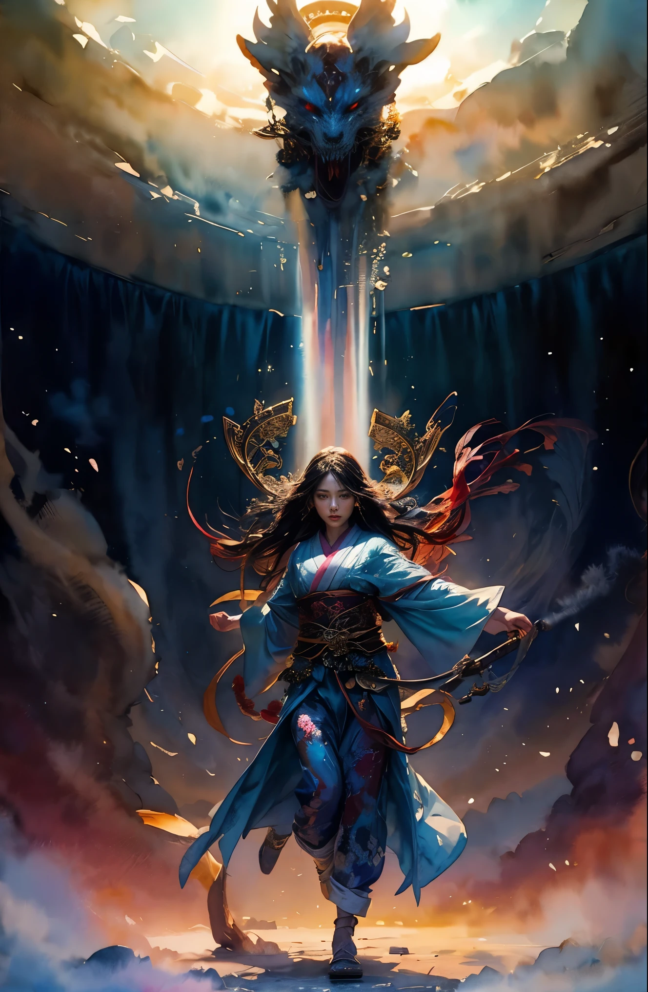 (table top, highest qualityの, highest quality, official art, (beautiful and aesthetic:1.4), (watercolor painting:1.4) ), (Izanami 1.5), 日本god話の女god, dignified beauty, 創造の女god、生命の女god、Typically、((((Typically))))、Reincarnation support, god'Grace, Calm and meditative look, flowing heavenly clothes, shine、created all the landscapes and worlds on earth, dazzling light dance, whispers of ancient legends