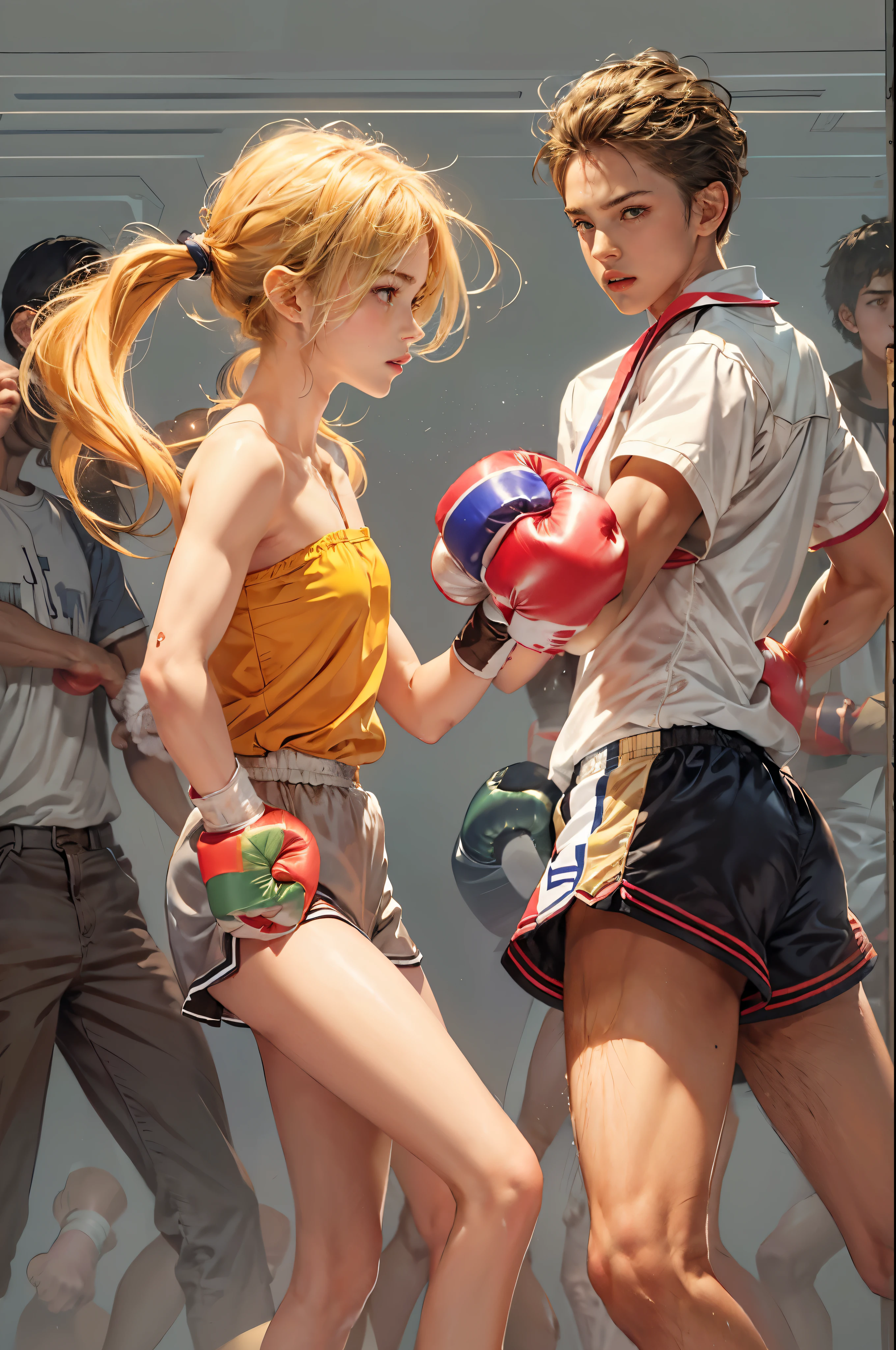 masterpiece, best quality, high quality, High definition, High quality texture, High quality shadow, high detail, beautiful detailed, finely detailed, extremely detailed cg, detailed texture, a realistic representation of the face, delicate, sharp focus, 1 girl punch 1 boy, 17 years old girl, tall, (smooth_abs:1.55), pretty, (long_skinny_legs), (skinny_waist), (((fair skin))), (Emma_watson), light blonde hair, ((orange sport bandeau)), Short orange short skirt, (girl punch a boy in the face: 2), ((girl defeats boy, boy falling backwards towards the floor))