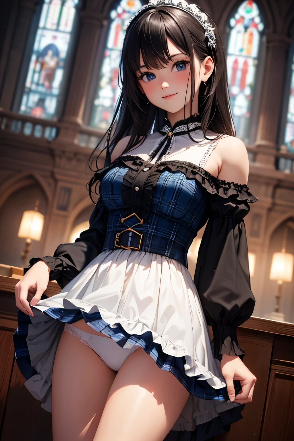 very cute and beautiful girl,(highly detailed beautiful face), (smile),blush,black hair,cowboy shot,looking at viewer, (classic blue plaid ta dress with detailed frills),detailed lace,(skirt lift,white panties), altar,church,indoors, (best quality,masterpiece:1.2),absurdres,highres,ultra-detailed,extremely detailed,32k,8k resolution, intricate details,cinematic scene,detailed background,solo,dynamic angle,