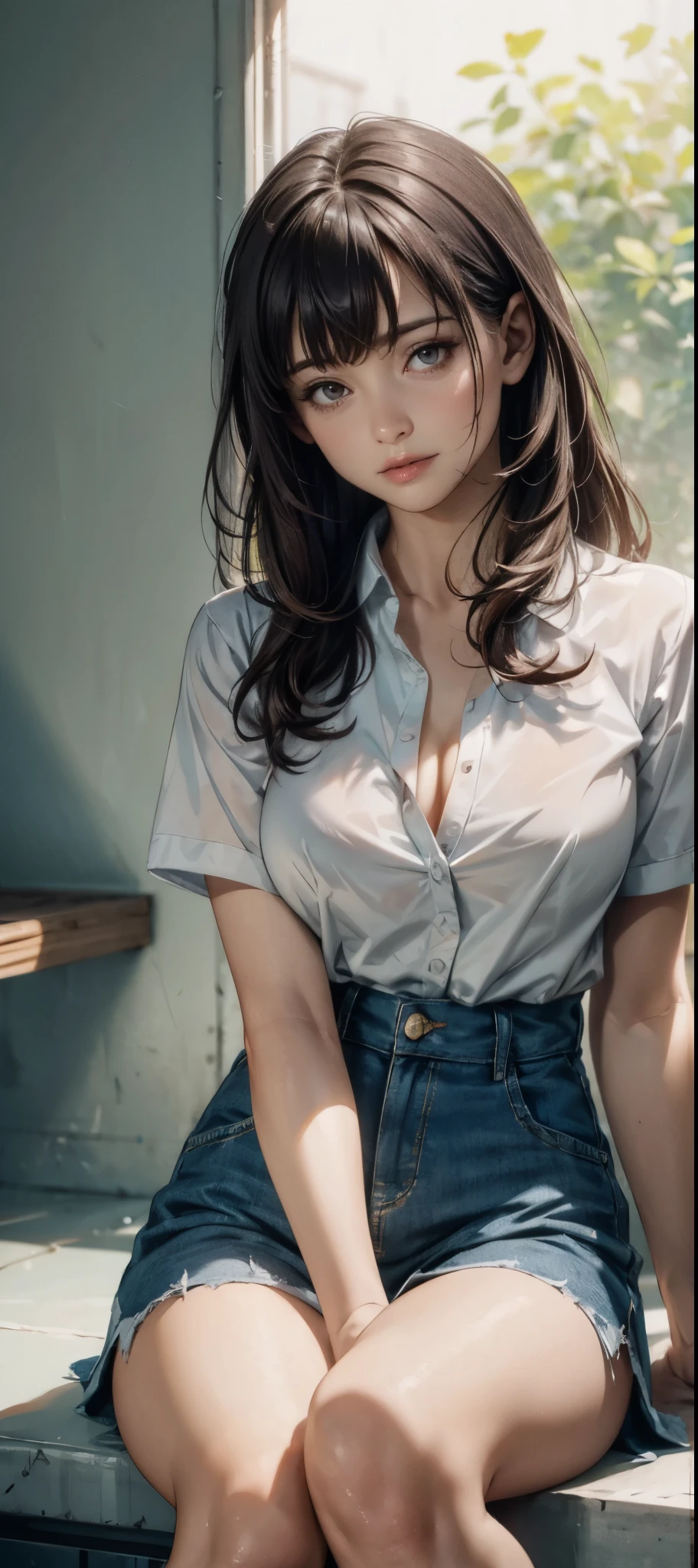 girl in summer clothes, white blouse, light blue shorts, pantyhose or long stockings, making like she wants to kiss you, view from viewer, medium breasts, cleavage, random backgroud, flirtatious look, ((very detailed)), (perfectly detailed face), (well detailed hand) photorealistic image.