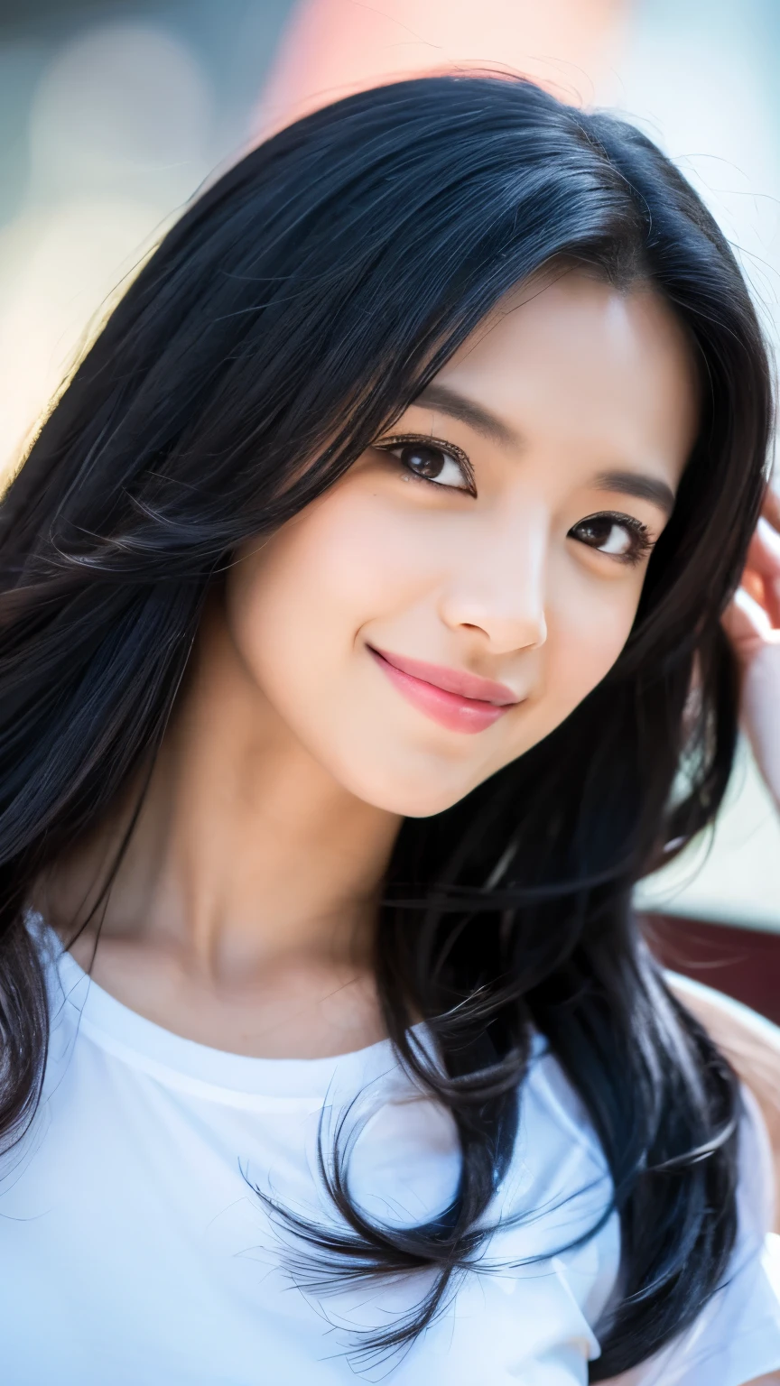 1girl, black hair, very long hair, floating hair, expressive hair, color contact lenses, smile, depth of field, first-person view, f/1.8, 35mm, Nikon, 8k, 4K, HD, 1080P, highres, best quality, high quality, high details, super detail, textured skin, anatomically correct, ccurate, masterpiece, retina, UHD,T-shirt,