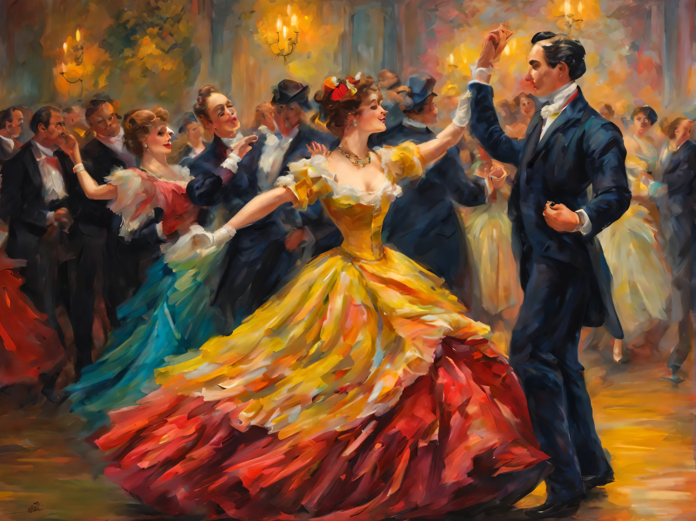 vibrant painting, colorful clothing, Victorian couple dance scene, ballroom