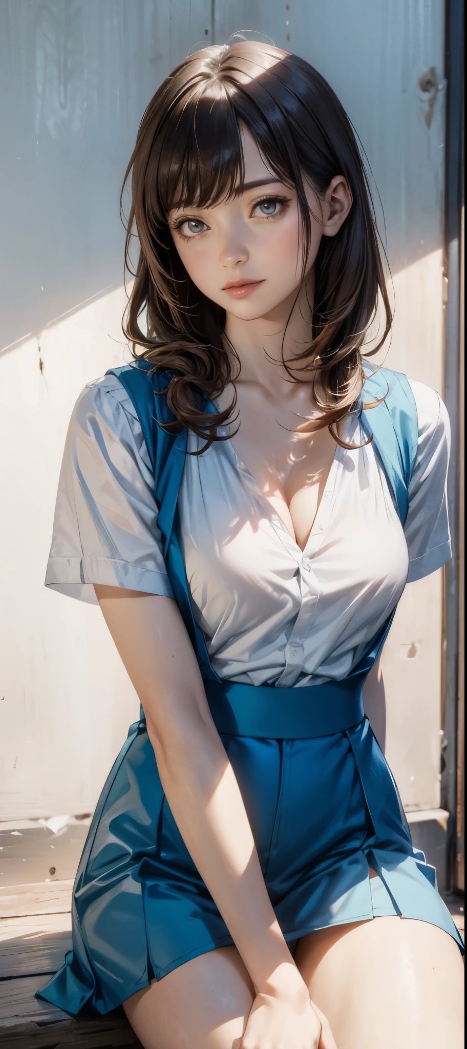 girl in summer clothes, white blouse, light blue shorts, pantyhose or long stockings, making like she wants to kiss you, view from viewer, medium breasts, cleavage, random backgroud, flirtatious look, ((very detailed)), (perfectly detailed face), (well detailed hand) photorealistic image.