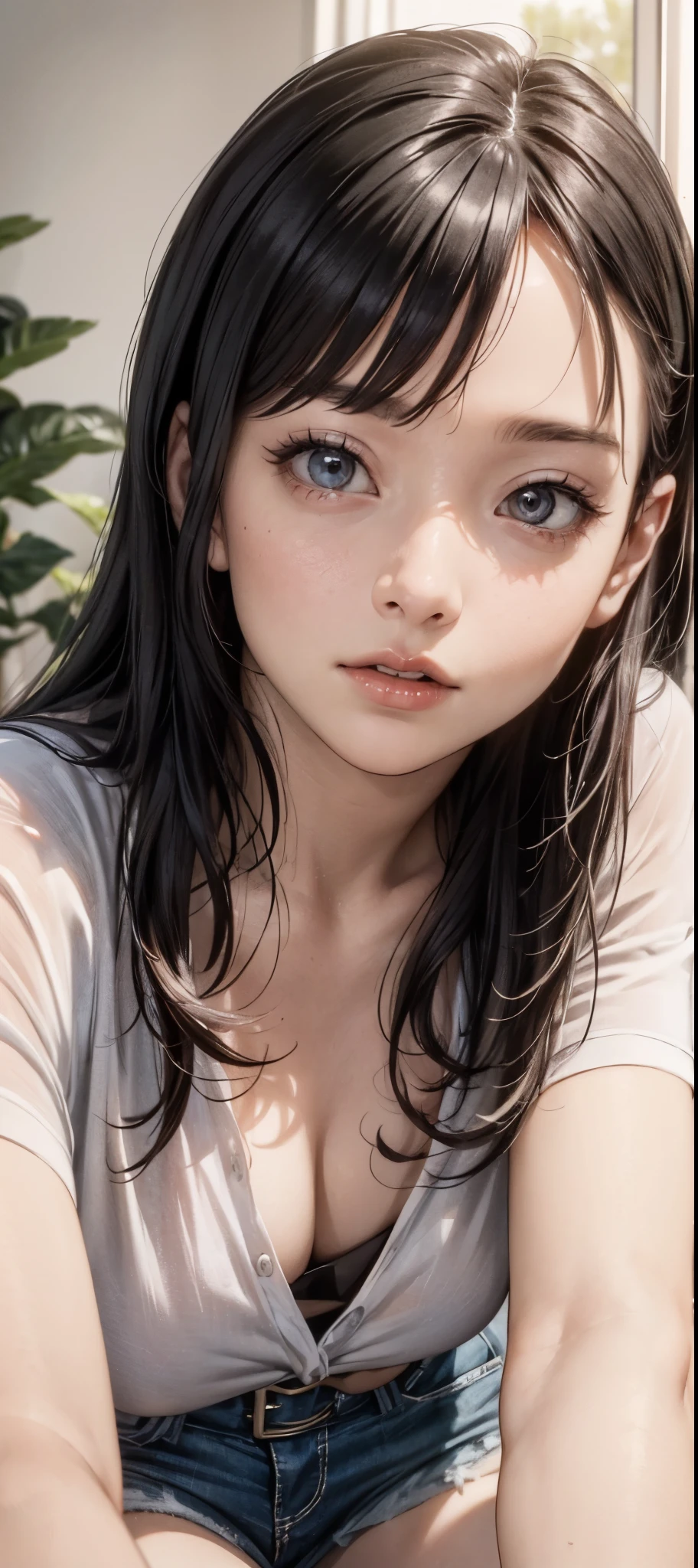 girl in summer clothes, white blouse, light blue shorts, pantyhose or long stockings, making like she wants to kiss you, view from viewer, medium breasts, cleavage, random backgroud, flirtatious look, ((very detailed)), (perfectly detailed face), (well detailed hand) photorealistic image.