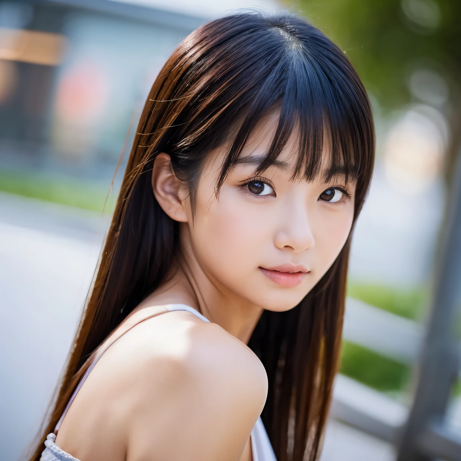 (Best-quality, Masterpiece, Ultra-High-Resolution, (Photorealistic:1.4), Raw Photo, depth of field, professional lighting, perfect anatomy, extremely details), 1girl, 15-years-old, the most famous Japanese idol, ((upper body)), at amazingly beautiful park, ((wearing the latest fashion)), (extremely cute face like the most popular Japanese idol, ((extremely cute and extremely big eyes)), extremely cute hair, extremely beautiful skins), extremely cute cheeks, extremely cute long-eyelashes, extremely cute lips, looking at viewer, innocent smile, detailed amazingly-beautiful-park