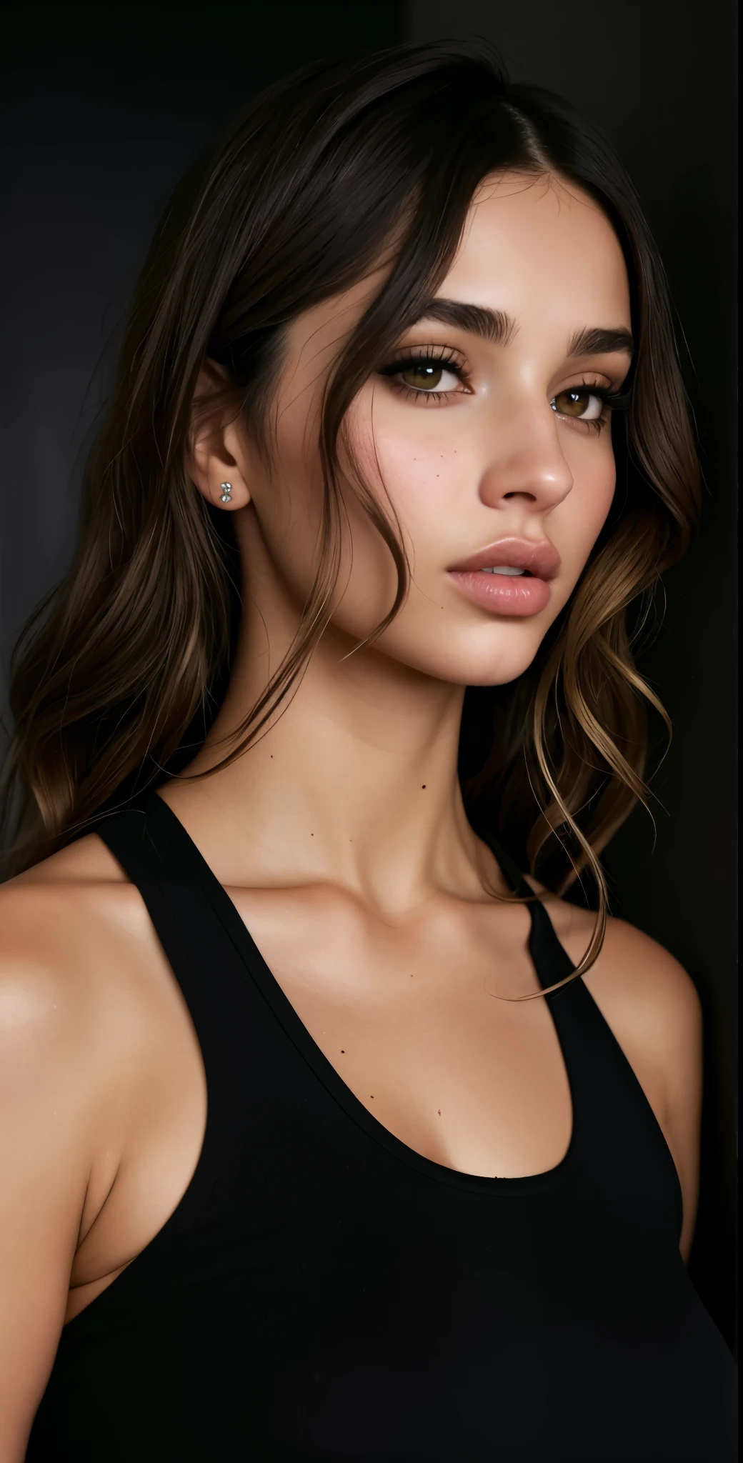 um close de uma mulher com uma blusa preta e um telefone celular, Retrato de Sophie Mudd, inspirado em Emma Andijewska, queixo definido, beautiful cheekbones, queixo forte, retrato emily ratajkowski, well queixo definido, queixo cinzelado, ana de armas portrait, defined cheekbones, moist skin, ellie victoria gale