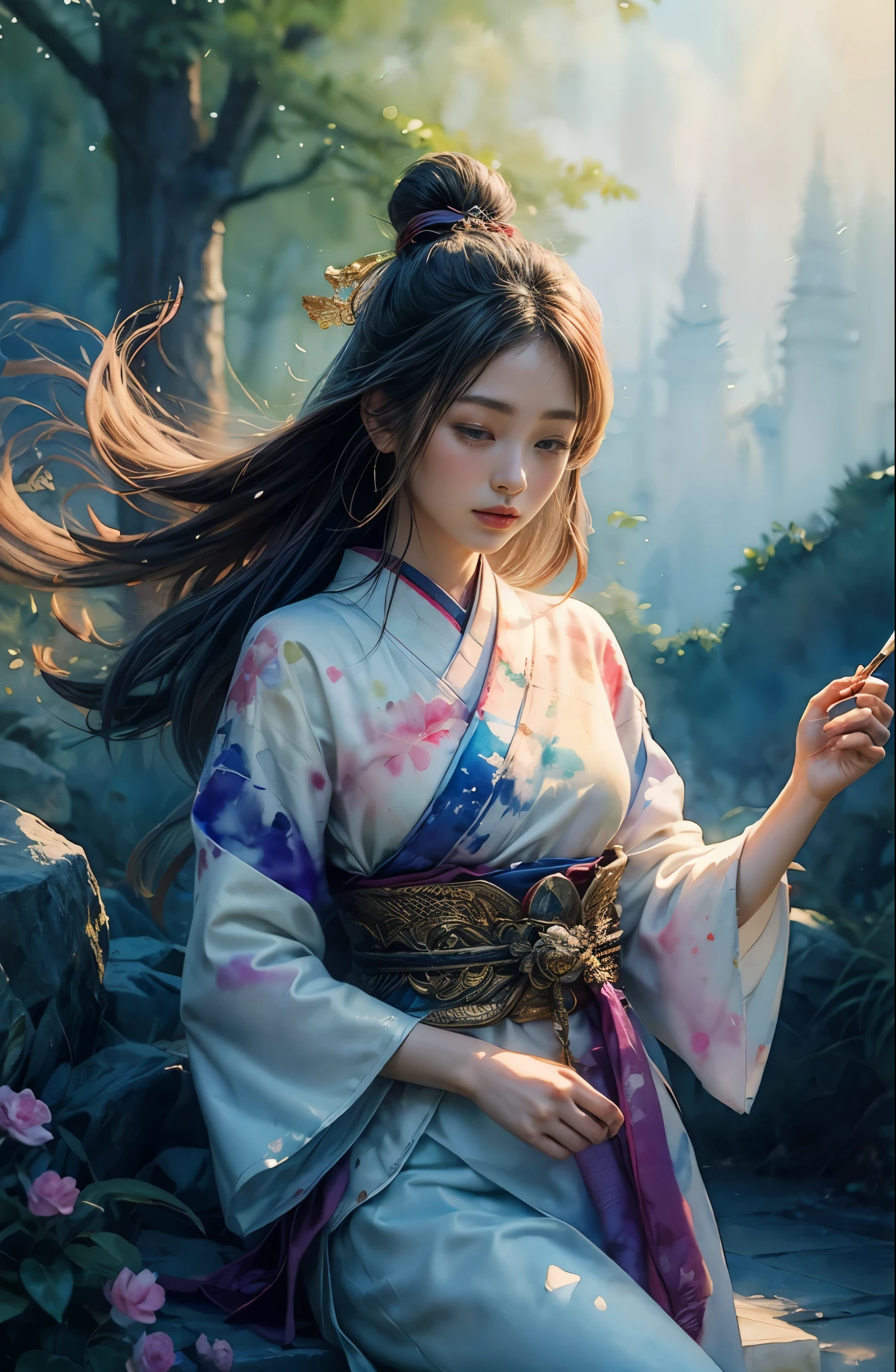 (table top, highest qualityの, highest quality, official art, (beautiful and aesthetic:1.4), (watercolor painting:1.4) ), (Izanami 1.5), 日本god話の女god, dignified beauty, 創造の女god、生命の女god、Typically、((((Typically))))、Reincarnation support, god'Grace, Calm and meditative look, flowing heavenly clothes, shine、created all the landscapes and worlds on earth, dazzling light dance, whispers of ancient legends