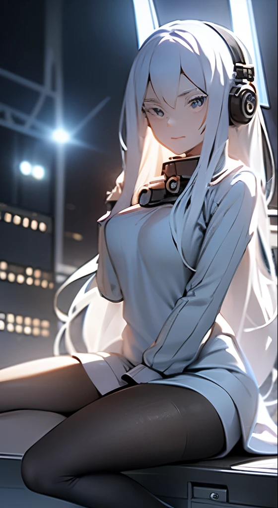 silver long hair,headphone,blue eyes,white sweater,No sleeve,black tight skirt,knee socks,night club,big speaker,Spotlight