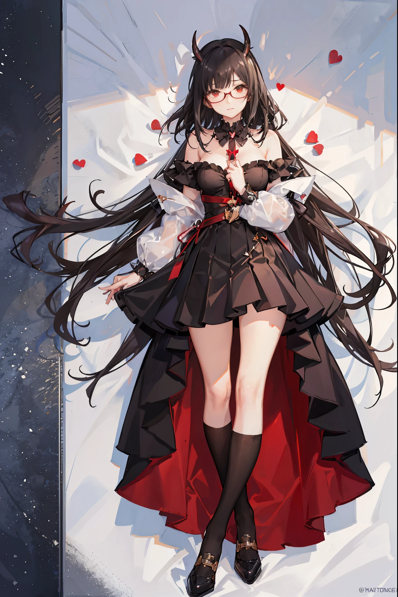 "anime girl, 1 person, black hair, shoulder length hair, red eyes, glasses, white horns, girl's shirt, tie, school clothes, big breasts, long stockings, high heels, standing cross-legged, shy, blushing, small black wings on the back, looking from many directions, holding a heart-shaped gift box, giving a valentine's gift, classroom (full HD 4K+ image)"