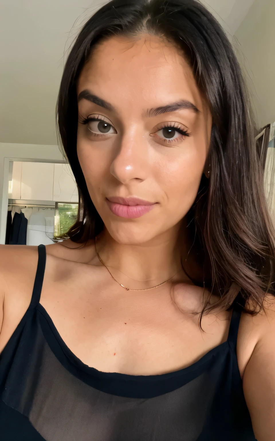 photoréaliste, netteté, Photo brute, amateur photo, belle 29 ans.Ô fille latina-espagnole, Prendre un selfie, robe soyeuse, Pull surdimensionné, pores de peau détaillés & Texture du visage, pores, (chair de poule:0.7), pose dynamique, Regarder le spectateur, Mise au point du visage, Prise avec une caméra mobile, grain le film 4k