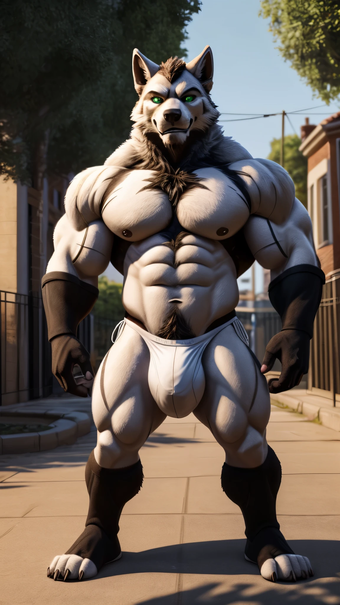 Werewolf, male, adult, uncle, (with white fur), green pupils, muscular masculinity, particularly developed muscles, large chest and abdominal muscles, semi naked, wearing a white thong underwear, (((huge crotch))), ((erect state)), on the playground, standing on the ground, in the morning, real light and shadow, ultra fine portrayal, 4K ultra clear