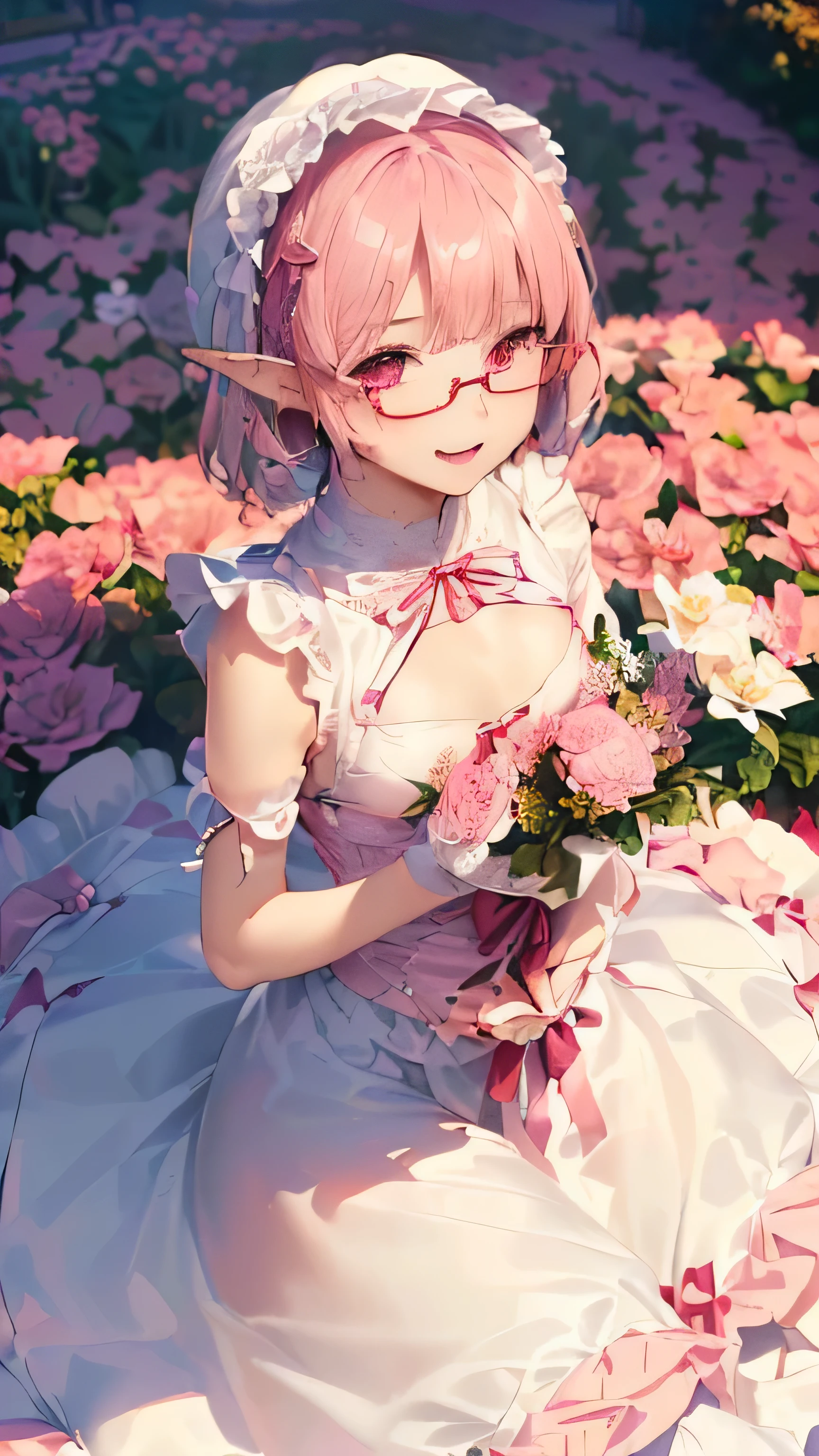 1 girl、(((surrounded by many flowers、he is holding a large bouquet of flowers in his chest.:2、I&#39;花畑にいるI:2)))(((soft light、squat)))、((((Very sweet ****ta fashion:2、Lace skirt、big bulging skirt、bonnet、pure white dress、Lots of frills and ribbons:2))(((((13 years old、、normal breasts、A peerless beautiful girl))))((milky pink hair：1.5)short bob hair:1.2 、(thick red glasses with small frames)、magenta eyes、[elf ears:0.5]))official fine art，Representative works，masterpiece、highest quality、An illustration、High resolution、looking here、big smile、、((((flower frame)))、Angle from above、