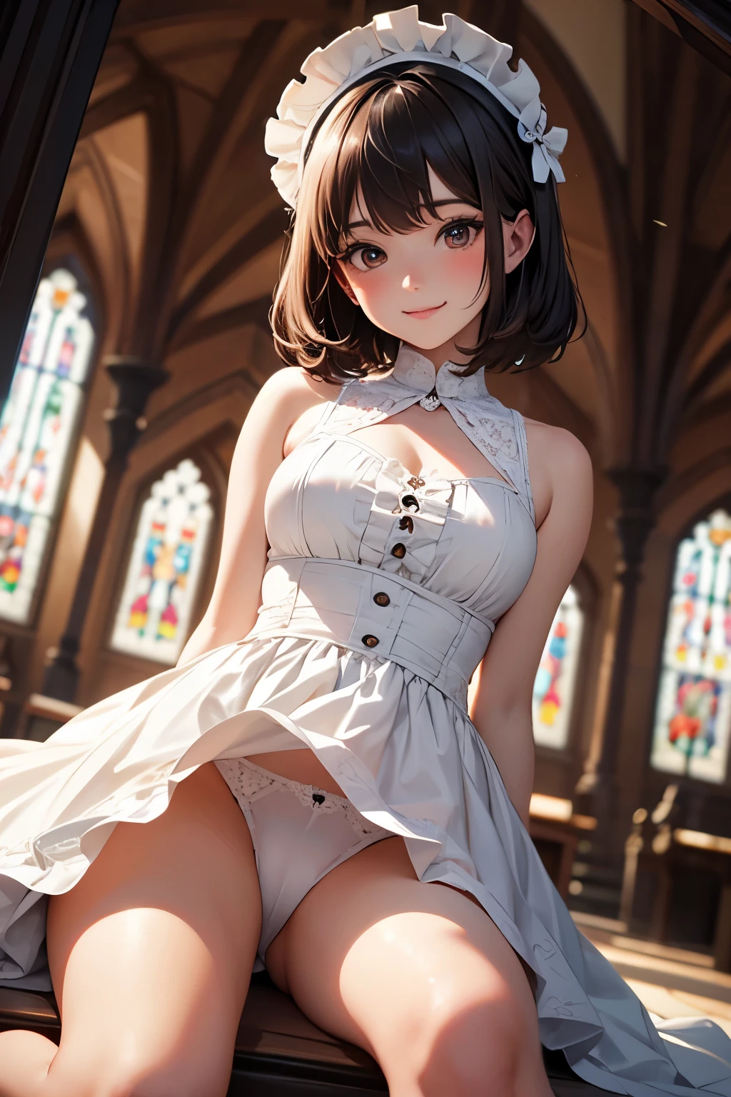 very cute and beautiful girl,(highly detailed beautiful face),
(smile),blush,black hair,looking at viewer,(floral pattern brown ta dress with detailed frills),detailed lace,
sitting,(spread legs),arms behind back,(white panties),
altar,church,indoors,
(best quality,masterpiece:1.2),absurdres,highres,ultra-detailed,extremely detailed,32k,8k resolution,
intricate details,cinematic scene,detailed background,solo,dynamic angle,