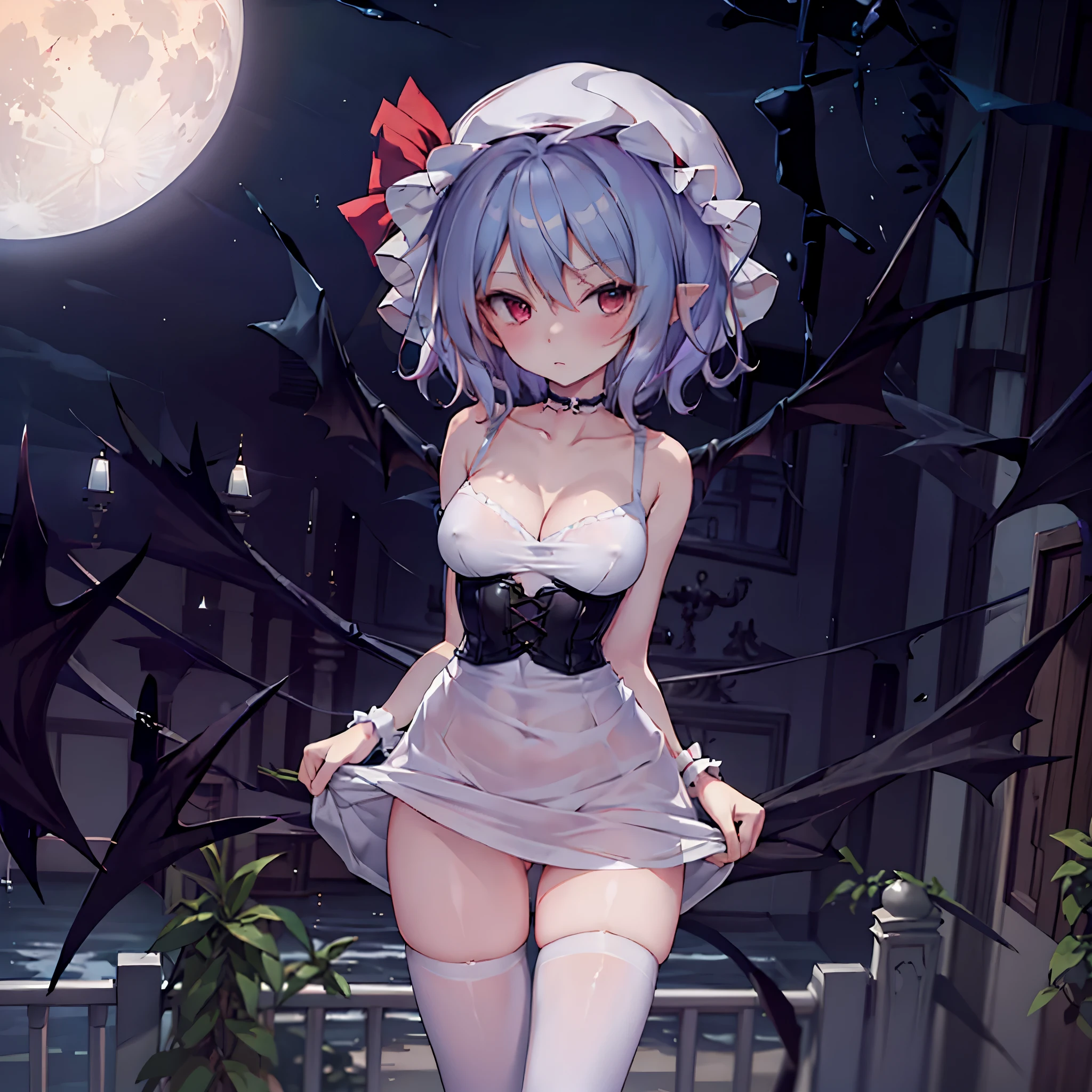 (Remilia toho character standing on the deck of mansion:1.3), (solo), skinny, a full moon, midnight, BREAK, short hair, collarbone, (emphasize small very perky breasts:1.5), (emphasize cleavage:1.5), (inconceivably thin narrow waist:1.3), (very short thin torso:1.2), very long (thin legs), emphasize thigh gap, (arms behind back:1.2), BREAK, (very short sheer white dress squeeze breasts:1.5), (dress lift breasts up:1.5), (inconceivably wiry narrow brown corset cinches waist too tight:1.5), (frilled too short white miniskirt), (light blue thighhighs), BREAK, nose blush