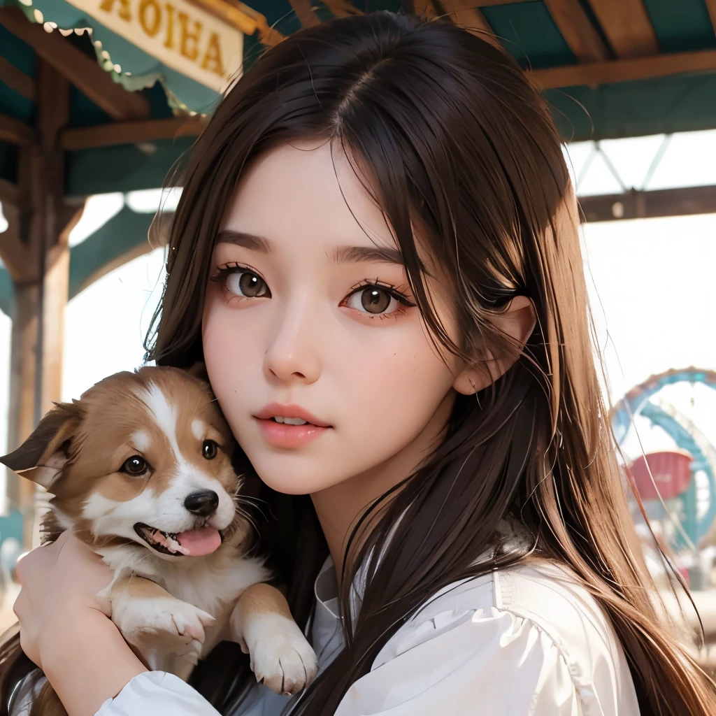 Girl, soft long brown hair, brown eyes, sharp features, white skin, young, simple style, with a little puppy, amusement park