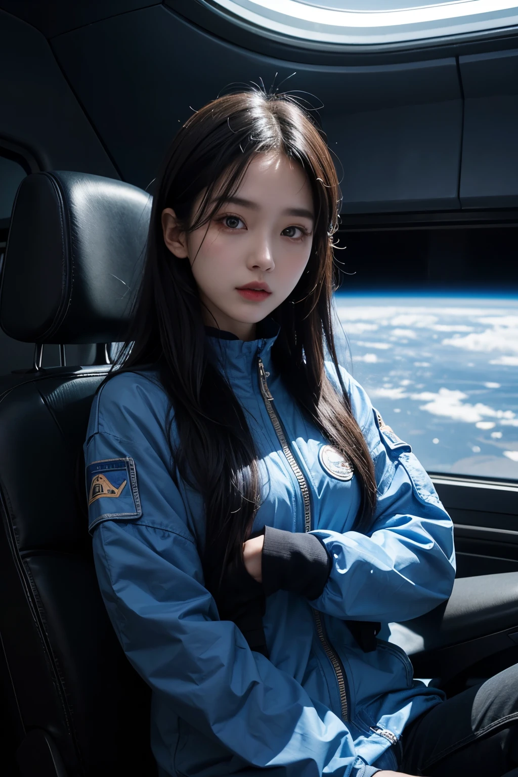one beautiful woman。twenty years old。black hair。She is wearing clothes that are based on blue and resemble spacesuits.。She's in a spaceship。