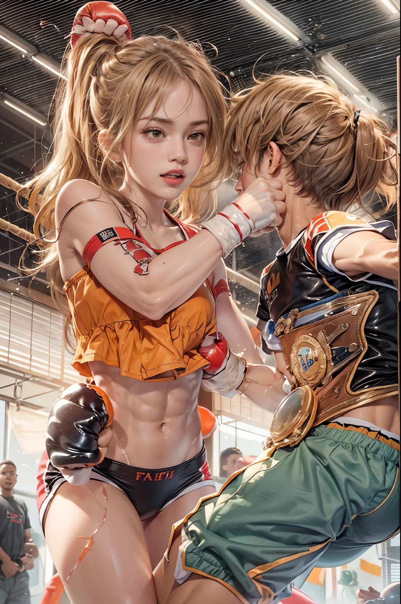 masterpiece, best quality, high quality, High definition, High quality texture, High quality shadow, high detail, beautiful detailed, finely detailed, extremely detailed cg, detailed texture, a realistic representation of the face, delicate, sharp focus, 1 girl punch 1 boy, 17 years old girl, tall, (smooth_abs:1.55), pretty, (long_skinny_legs), (skinny_waist), (((fair skin))), (Emma_watson), light blonde hair, ((orange sport bandeau)), Short orange short skirt, (girl punch a boy in the face: 2), ((girl defeats boy, boy falling backwards towards the floor))