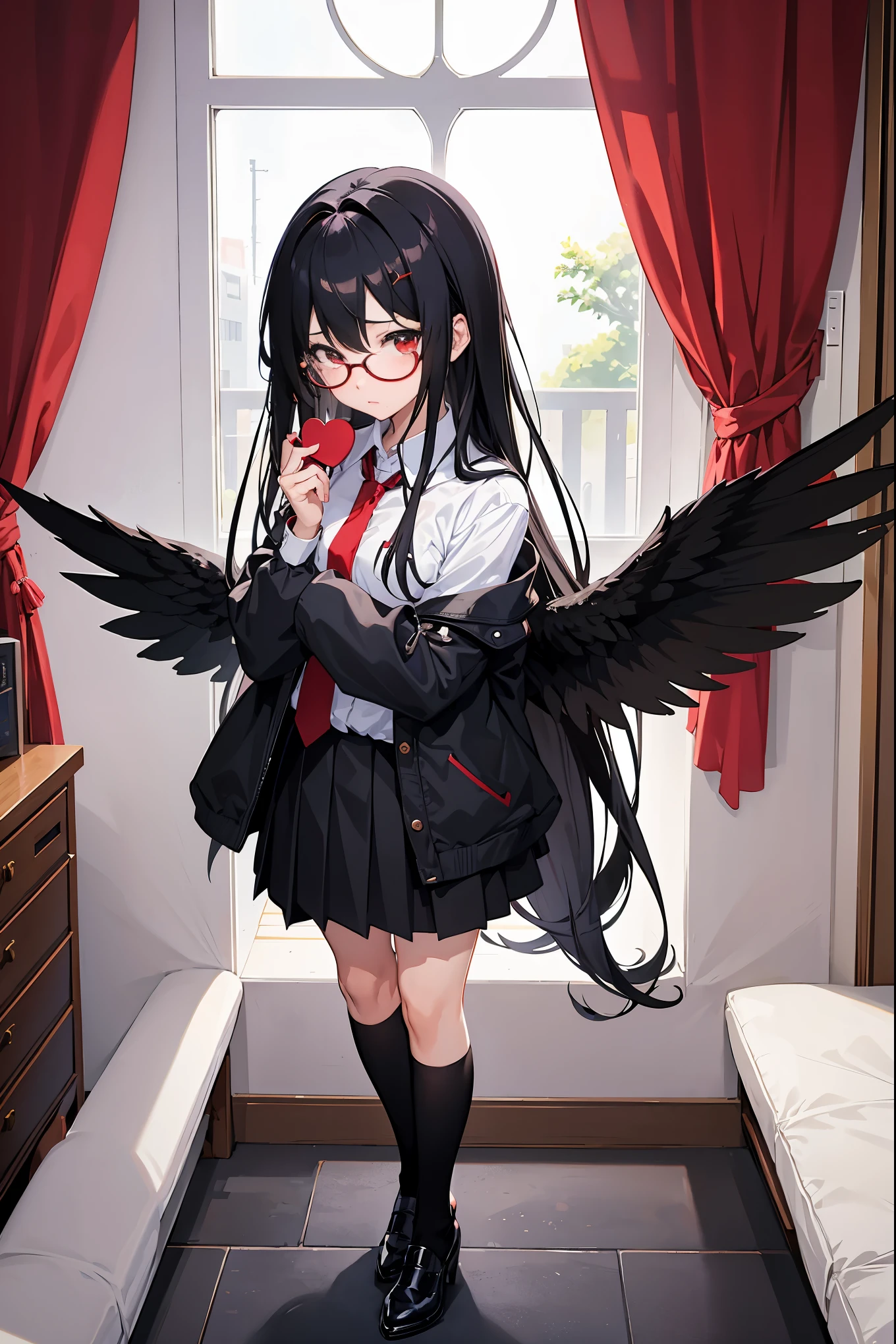 "anime girl, 1 person, black hair, shoulder length hair, red eyes, glasses, white horns, girl's shirt, tie, school clothes, big breasts, long stockings, high heels, standing cross-legged, shy, blushing, small black wings on the back, looking from many directions, holding a small heart-shaped gift box, giving a valentine's gift, classroom (full HD 4K+ image)"
