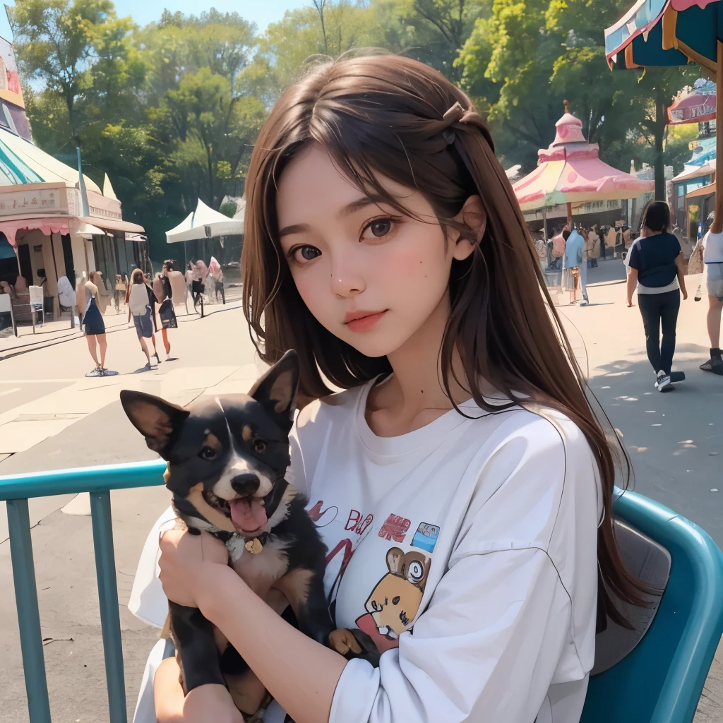 Girl, soft long brown hair, brown eyes, sharp features, white skin, young, simple style, with a little puppy, amusement park