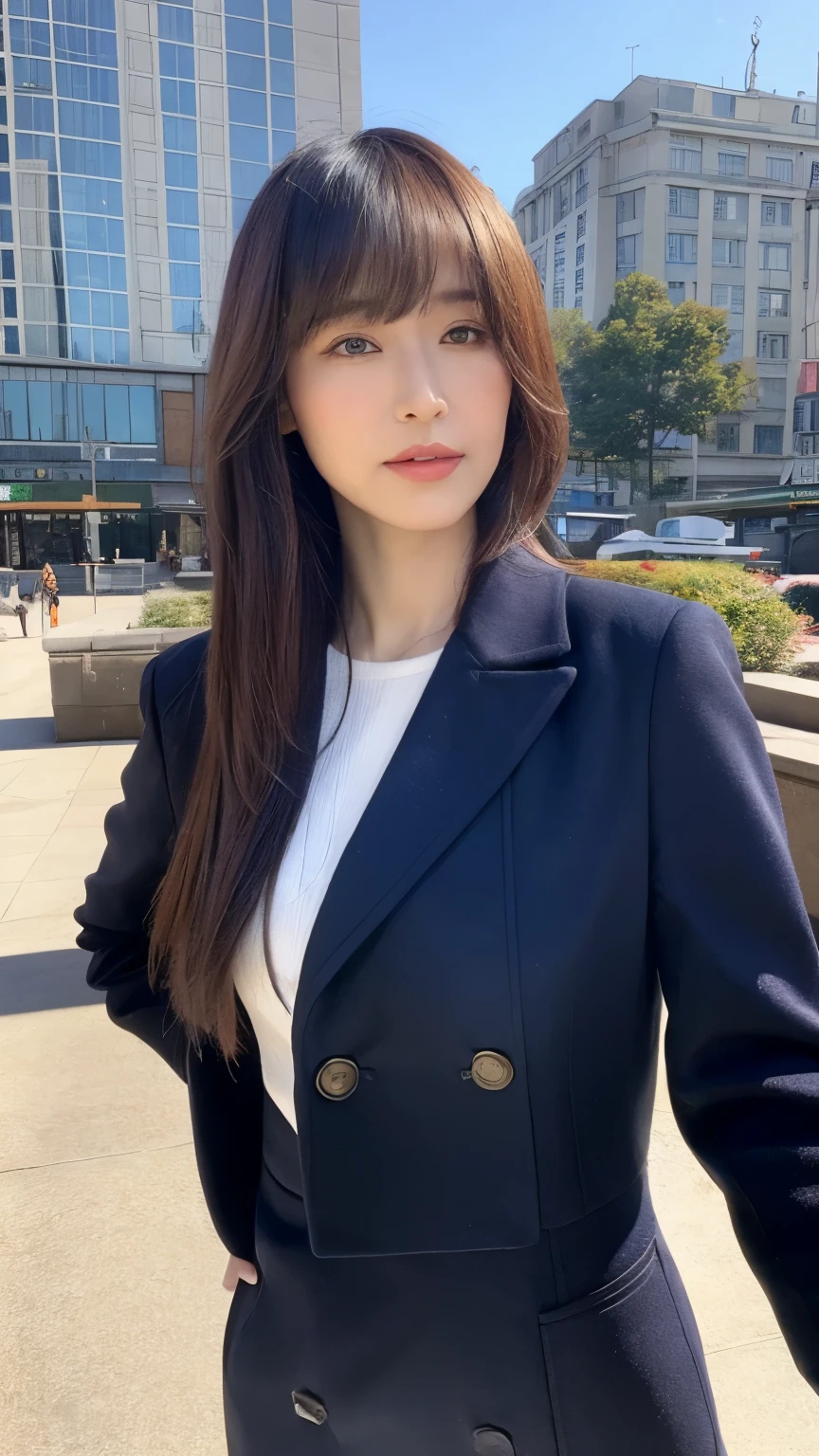 ((highest quality, 8k, masterpiece :1.3)), whole body, sharp focus :1.2, beautiful woman with perfect figure :1.4, thin abs :1.2, body dress :1.1, Highly detailed face and skin texture, fine eyes, double eyelid, small bust, 40 generation women:1.2, Fashionable winter clothes、、city background、warm sunshine、bangs、shoulder length hair、Down jacket