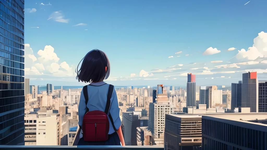 shoot from below, In the middle of a big city lined with skyscrapers A girl looking up at the summer blue sky, Rear view