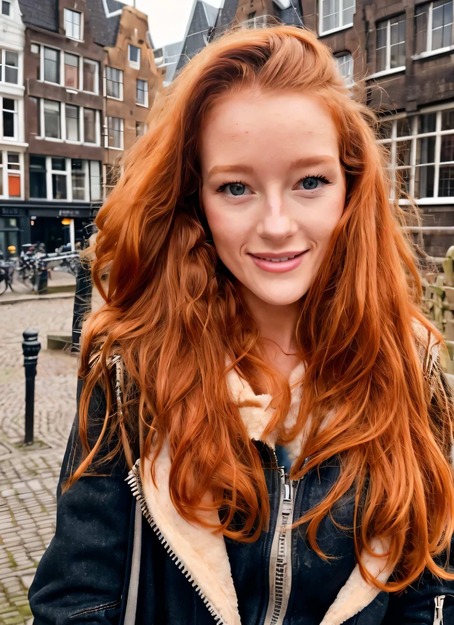 portrait of woman, phoebeisginger, smile, looking at camera, cinematic, posing in Amsterdame, its a cold day, light fur jacket, black ripped jeans, sexy outfit, natural pose, model body, highly detailed, film grain  