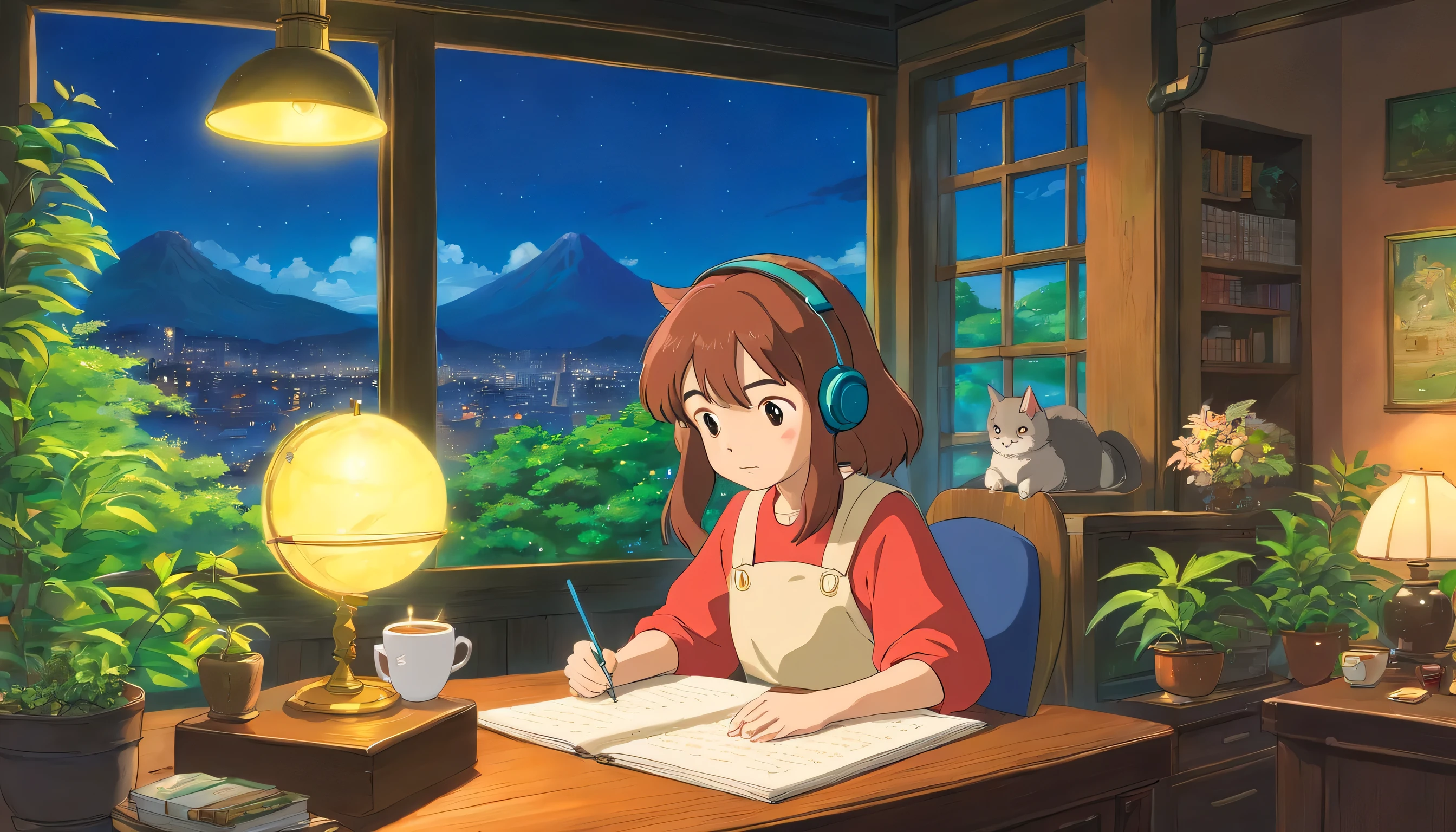 Girl wearing headphones and studying at a wooden desk. A cat is sleeping next to a wide window. There is a coffee cup on the desk. Study space decorated with ornamental plants, Warm miscellaneous goods, and stuffed animals. The walls of the room have a green texture. You can see the cityscape at night from the window. ghibli anime scenery. Ghibli anime-like depiction.