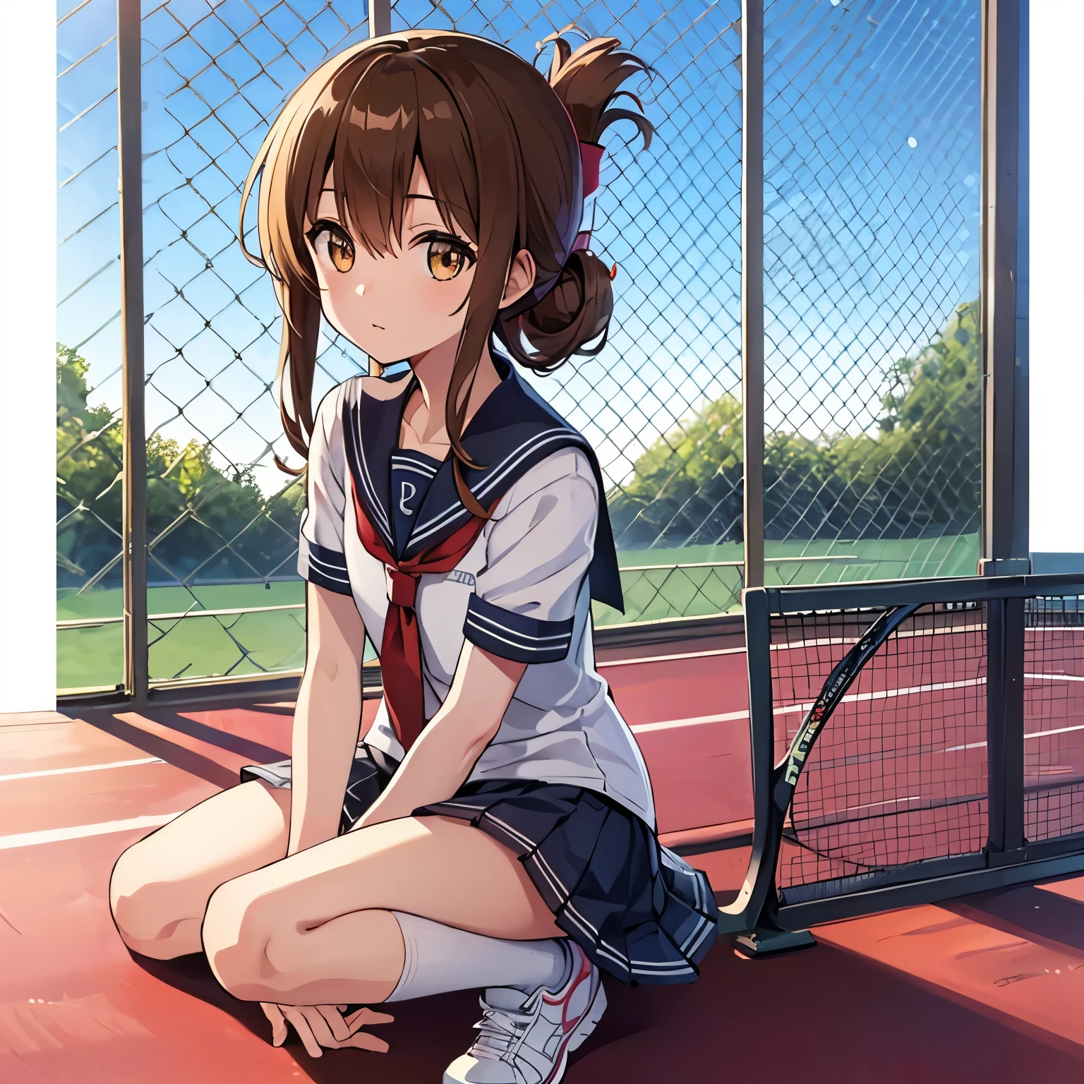 masterpiece, 1 girl, alone, yukino yukinoshita, shining eyes, white sneakers, tennis wear, white mini skirt, white panties, white knee socks, masterpiece, highest quality, realistic, very detailed, blue sky, Tennis court -- automatic、(masterpiece, best quality:1.2),illustration,8k,hd,1girl,solo,upper body,(portrait:1.2),brown_hair,folded_ponytail,brown_eyes,serafuku,long_hair,school_uniform,skirt,pleated_skirt,