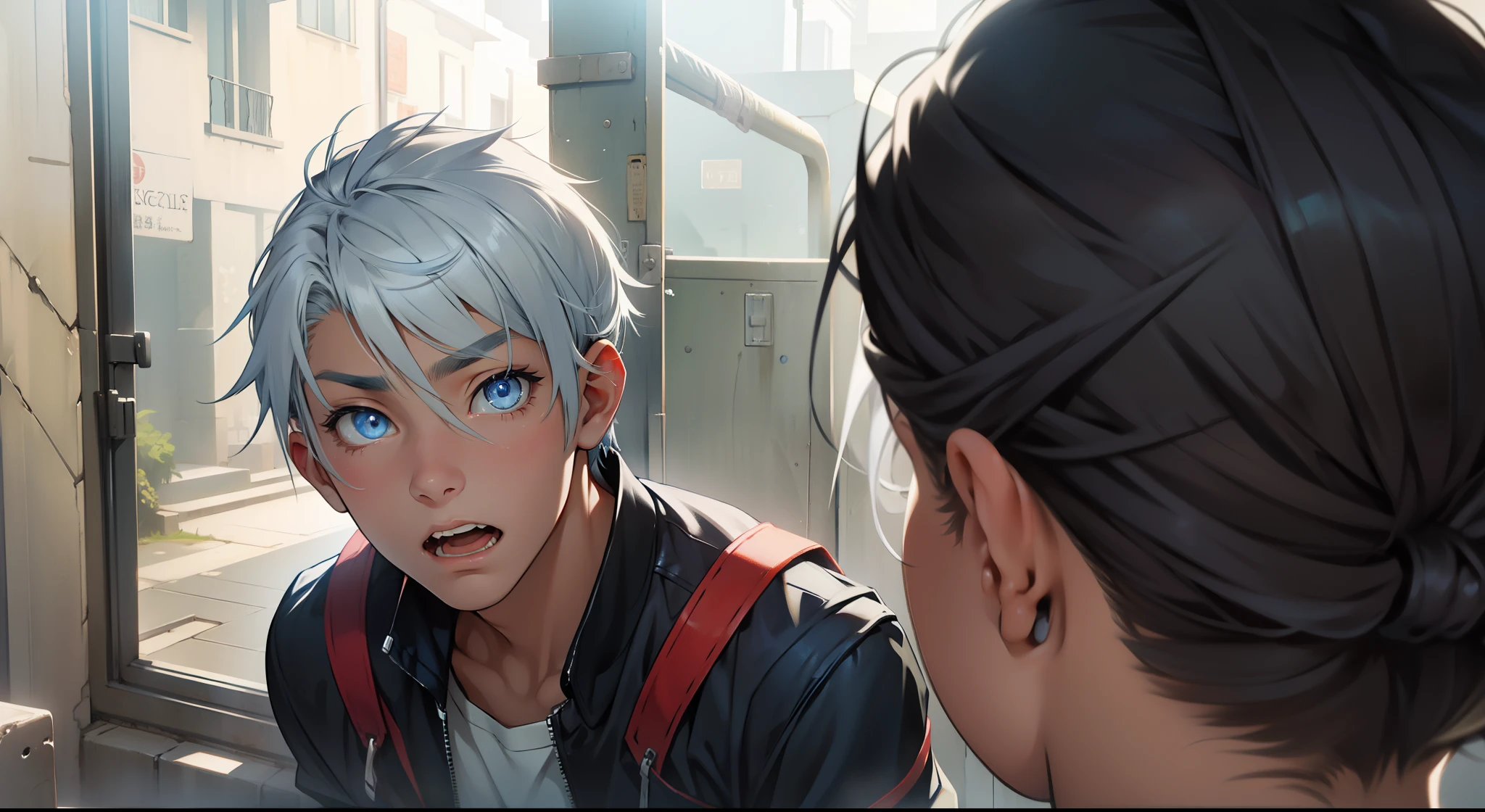 16 year old boy with silver hair blue eyes is amazed asking something 