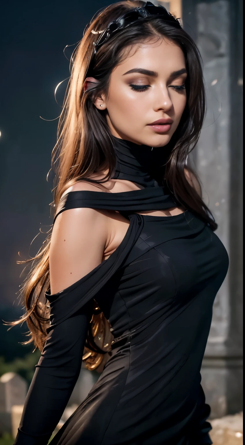 masterpiece, best quality, ultra-detailed, high resolution, extremely detailed, (Full Body Shot:1.6), (sharp focus:1.2), photo, attractive young female model, beautiful, 22 years old, (blue eyes:1.4), dark hair, caucassian, long hair, (beautiful face:1.1), detailed eyes, luscious lips, (smokey eye makeup:1.4), (smile:1.2), wearing, (black tight long dress:1.7), (black tight, off the shoulder, sleeveless dress:1.2), (:1.35) on a (night :1.8), (cementry:1.4), (:1.5), depth of field, bokeh, 4K, HDR. (soft light:1.9), (natural light:1.5),(((Eyes closed enjoying, ))) , ((photography studio)), ((cinematic lighting)) ,(((high quality , detailed face , realistic )))