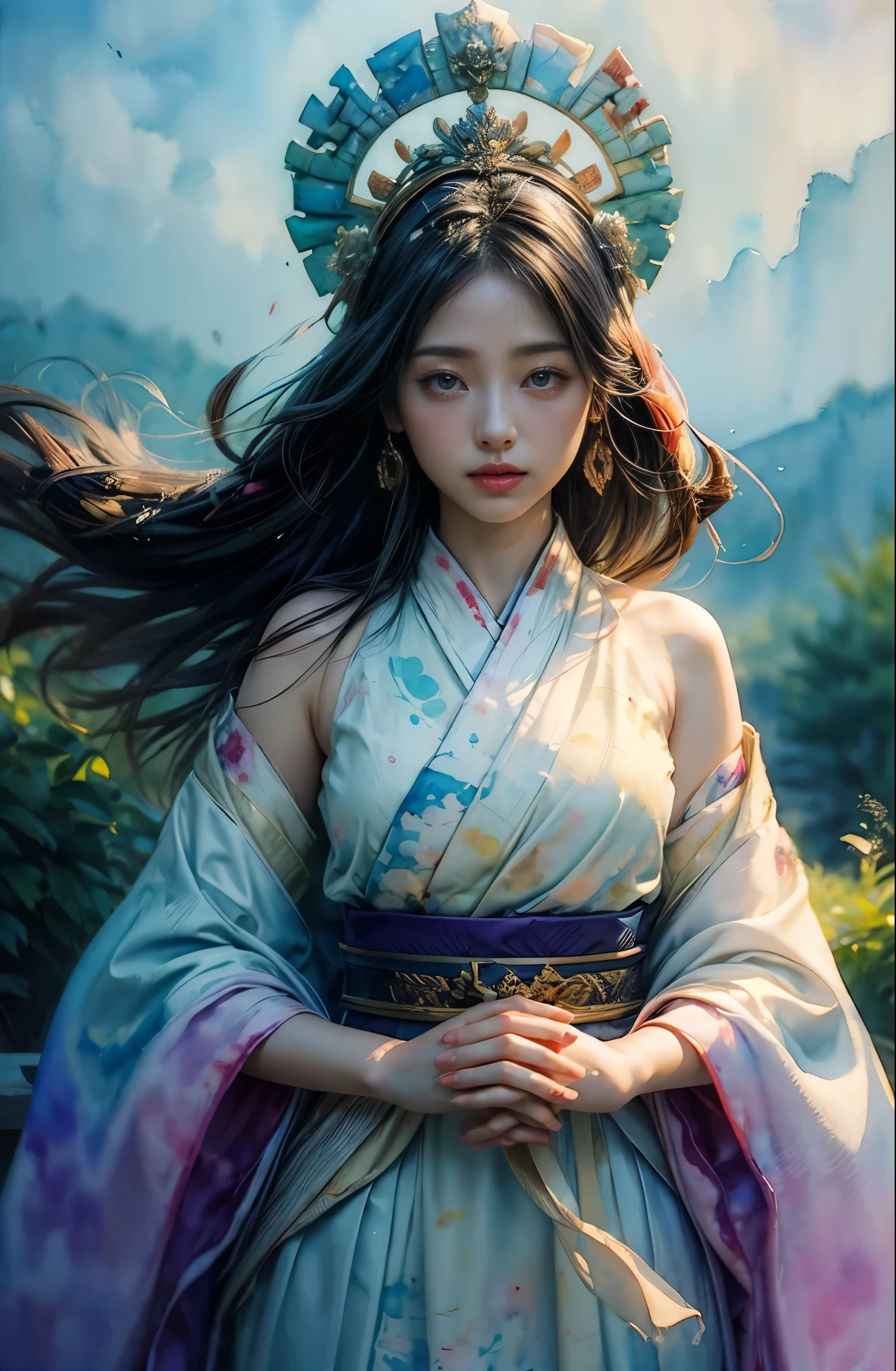 (table top, highest qualityの, highest quality, official art, (beautiful and aesthetic:1.4), (watercolor painting:1.4) ), (Izanami 1.5), 日本god話の女god, dignified beauty, 創造の女god、生命の女god、Typically、((((Typically))))、Reincarnation support, god'Grace, Calm and meditative look, flowing heavenly clothes, shine、created all the landscapes and worlds on earth, dazzling light dance, whispers of ancient legends