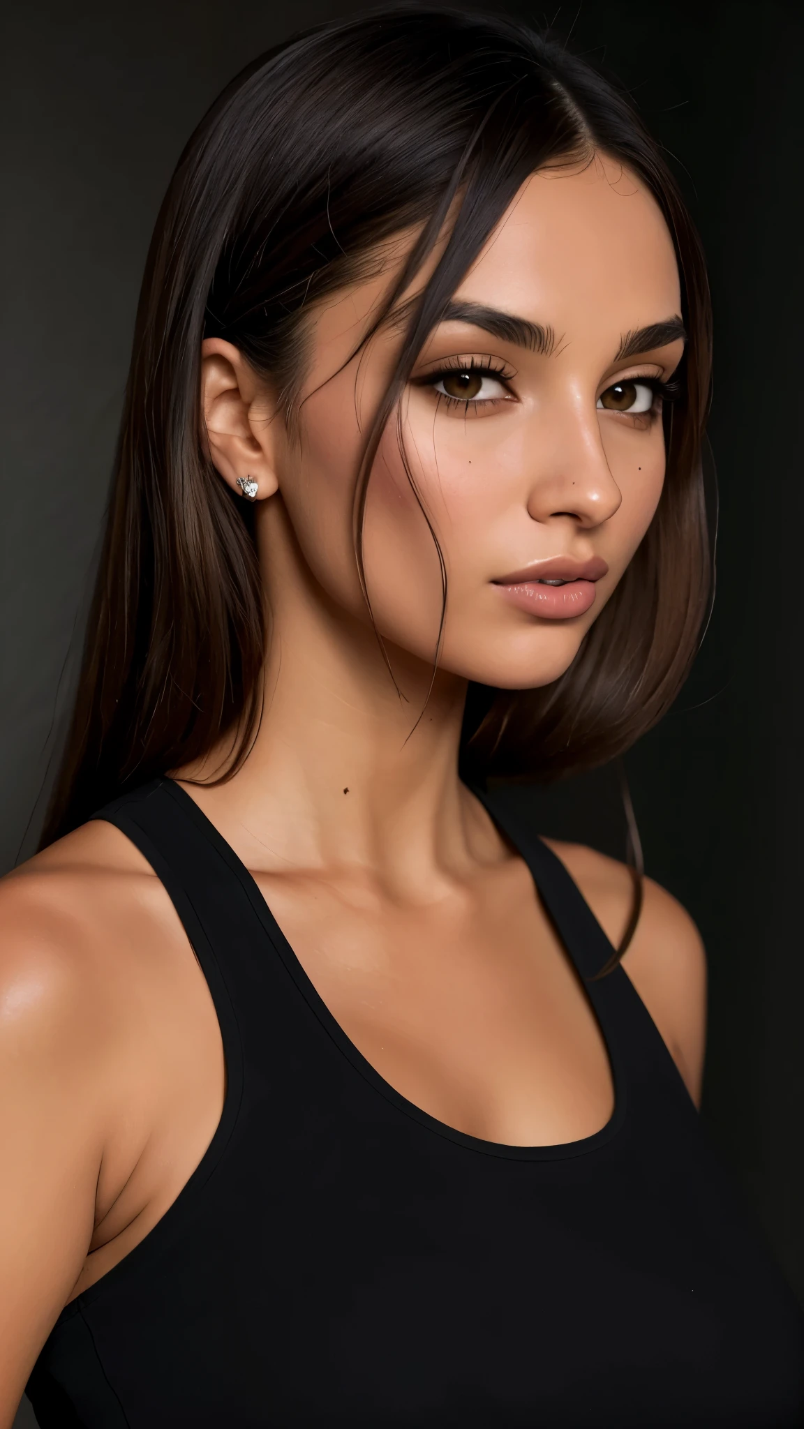 um close de uma mulher com uma blusa preta e um telefone celular, Retrato de Sophie Mudd, inspirado em Emma Andijewska, queixo definido, beautiful cheekbones, queixo forte, retrato emily ratajkowski, well queixo definido, queixo cinzelado, ana de armas portrait, defined cheekbones, moist skin, ellie victoria gale