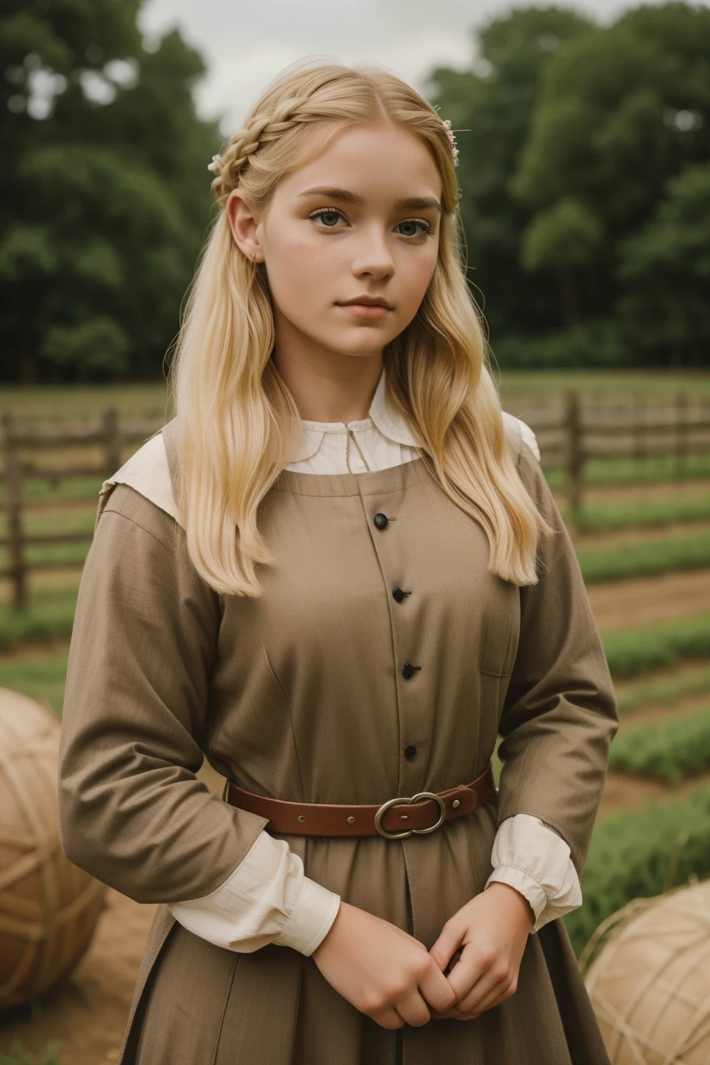 England, 1337. A young ((((18-year-old)) Gwenda)), strong, rustic, freckles all over her face, working in the farm. ((((clothings from the 1300s)))), ((blond hairstyle of the 1300s))