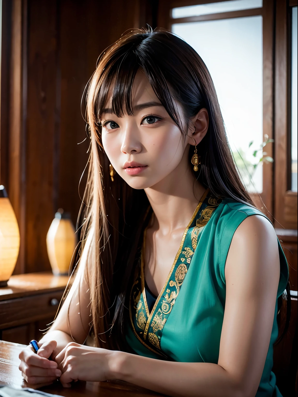 (RAW photo, highest quality), (realistic, photo-realistic:1.3),highest quality,very detailed,masterpiece,super detailed,figure,1 girl,upper_body,dynamic angle,world masterpiece theater,Messy_length_hair,highest quality,very detailed CG Unity 8k 壁紙,ink,wonderful,cinematic lighting,lens_flare, Dunhuang_style
