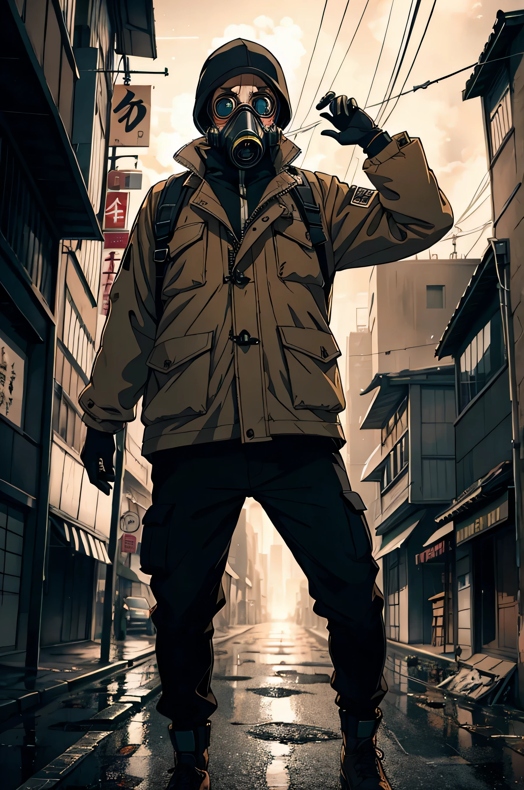 man wearing gas mask , brown jacket , black pants , is in a apocalyptic city , handrawn , japanese animation, 4k high ultra quality