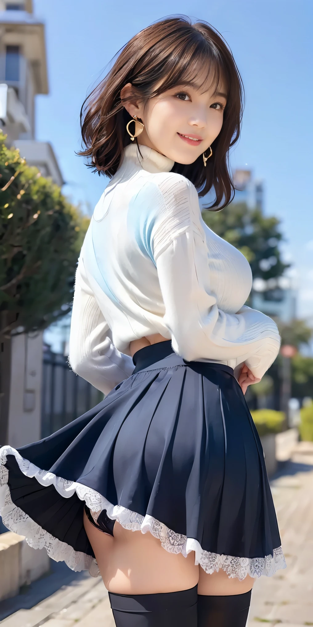 woman, 20-year-old, short black wavy hair、bangs、plump nipples、(White Turtleneck Knit)、(blue long skirt), black stockings、medium milk, cute smile、((Pose that emphasizes the buttocks、looked back))、sexy hips、black high heels、big necklace、((((the wind blew my skirt, expose my panties...))))、(Light blue lace panties)、cute earrings、(tilt your head a little)