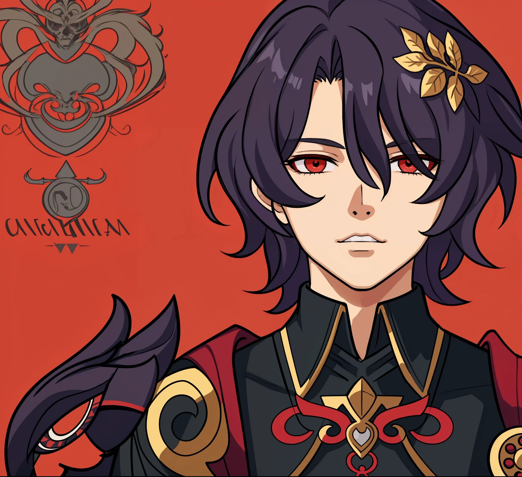 anime man, thinking expression, calm, purple hair, dark red eyes, black suit, gold ornaments, a drawing of a man in greek clothes, 1boy, masterpiece, (beautiful and aesthetic:1. 5), thick black lineart, clean lineart, perfect lineart, variable lineart, thick lineart, clean anime outlines, intense line art, bold lineart, sharp lineart, heavy lineart, line art, best quality, high quality, high details, super detail, anatomically correct, best quality, ultra-detailed, colourful, saturated colours, dynamic lighting, HD,