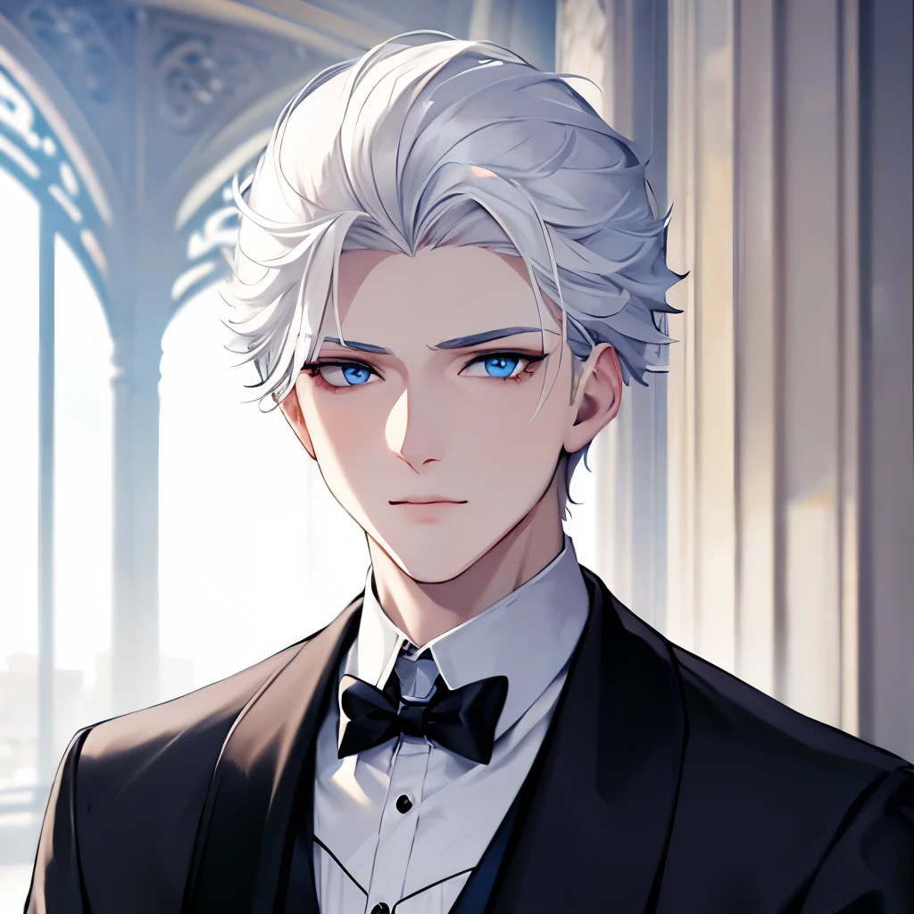 Boy, white hair, blue eyes, serious sharp features, white skin, young man, formal winter style, Paris