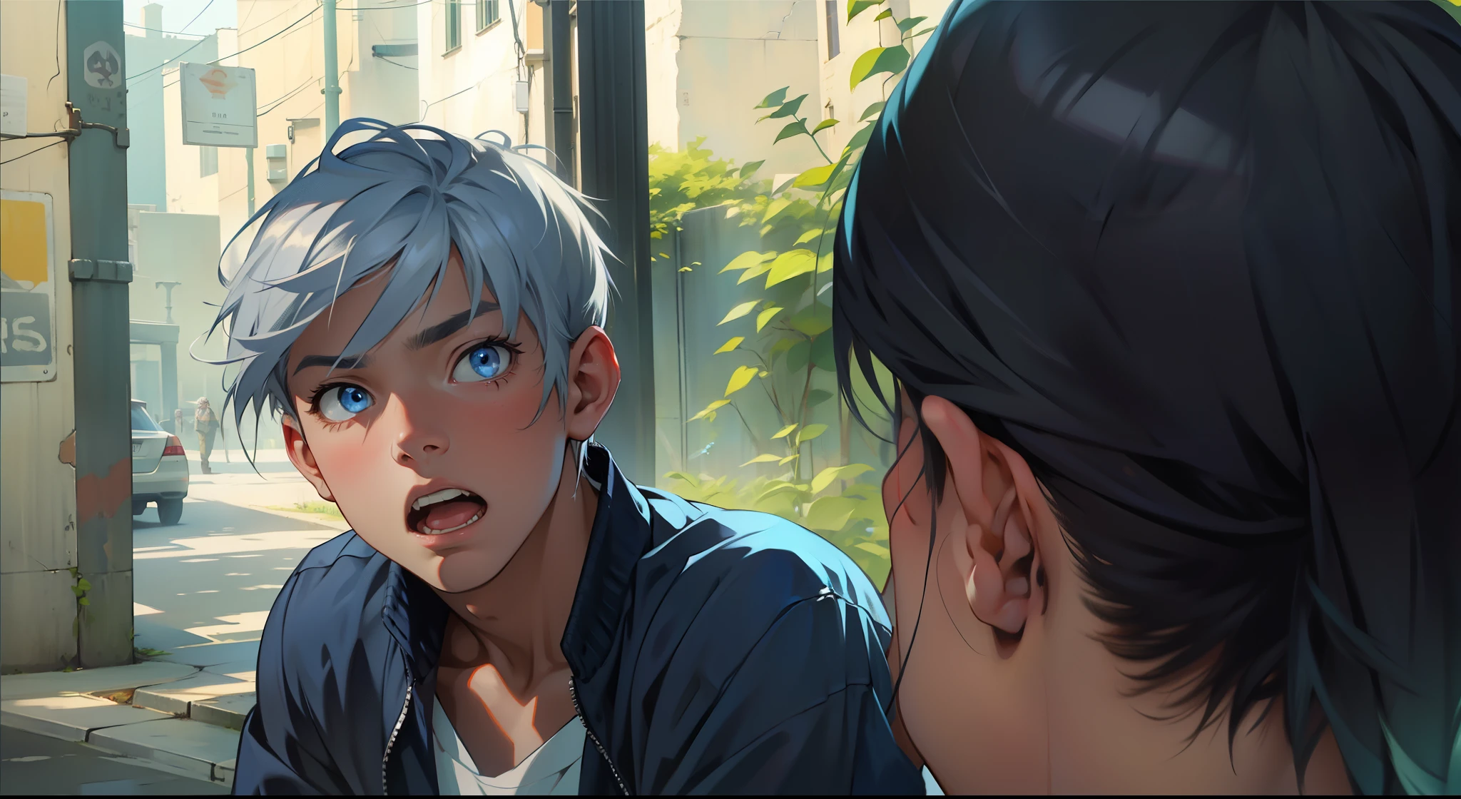  boy with silver hair blue eyes is amazed asking something 