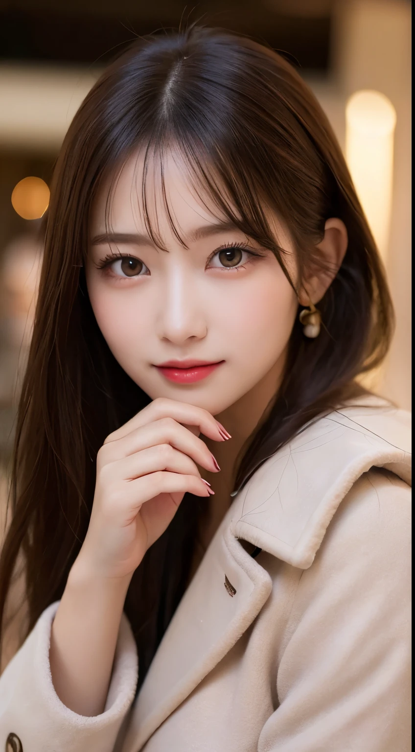 table top, highest quality, shape, Super detailed, finely, High resolution, 8k wallpaper, 完璧なダイナミックな構shape, beautiful and detailed eyes, straight hair, small breasts, natural color lip, random sexy pose,smile,20 year old girl、midnight、beautiful and detailed face、perfect and beautiful face,Big eyes、RAW photo、Expressing feminine poses with your whole body、beautiful and detailed eyes、small face、beautiful duplex、slim face and style,luxury brand mink coat(inside:winter dress)、beautiful golden ratio face,twin ponytail hair,bright look,Photographed focusing on beautiful legs